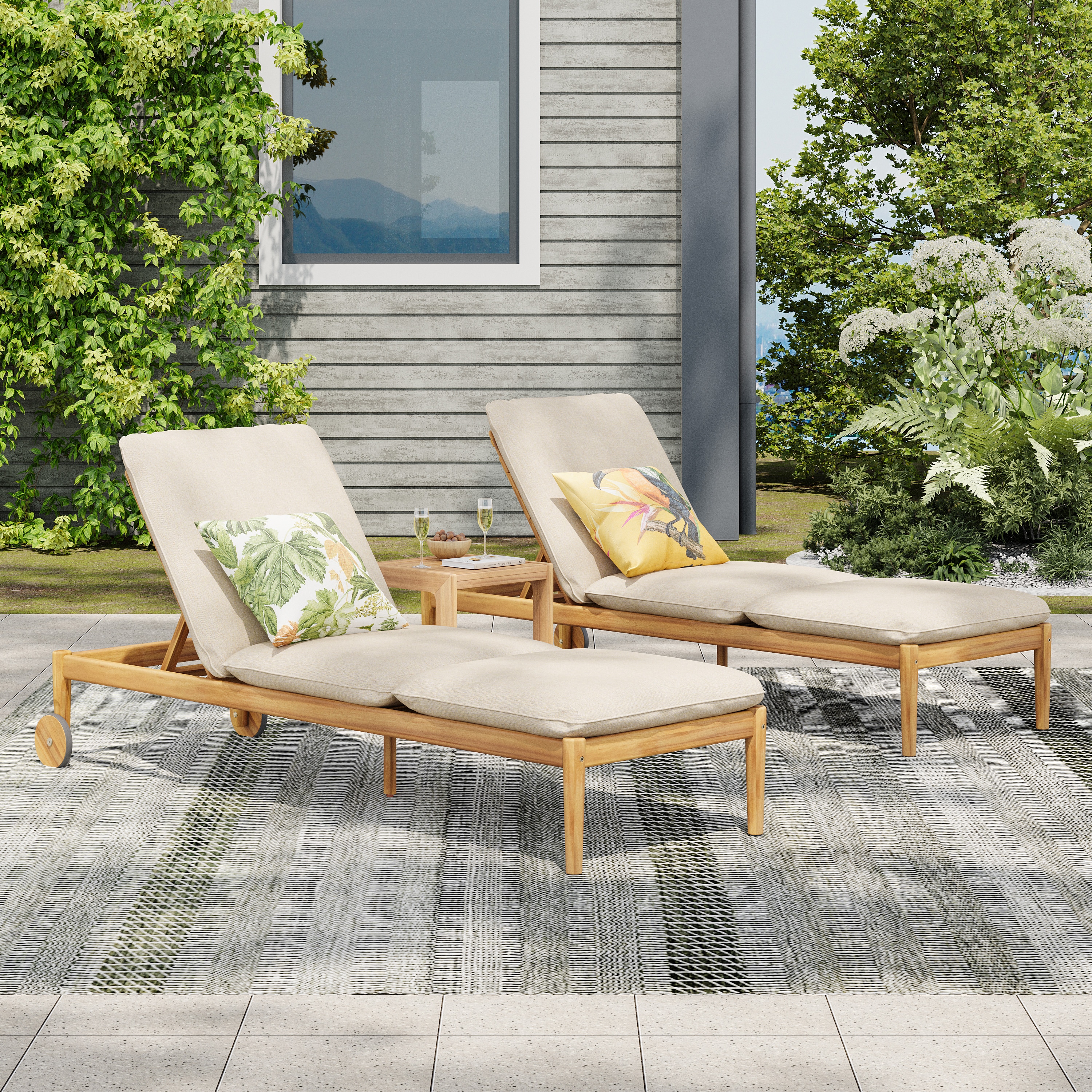 Mondawe 2-Piece Riviera Acacia Wood Chaise Lounge with Wheels Beige Cushion
