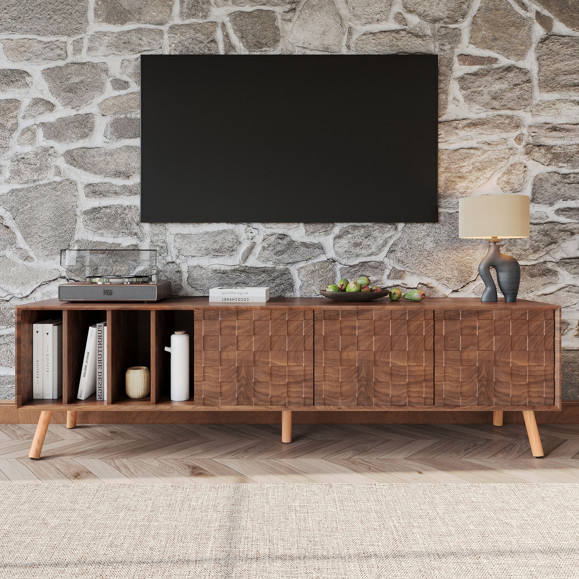 ModernLuxe L3P-N710P222773P 70inch MidCentury Modern TV Stand Media Console Table for TVs up to 80inch Entertainment Center with 5 Solid Wood Legs for Living Room Bedroom