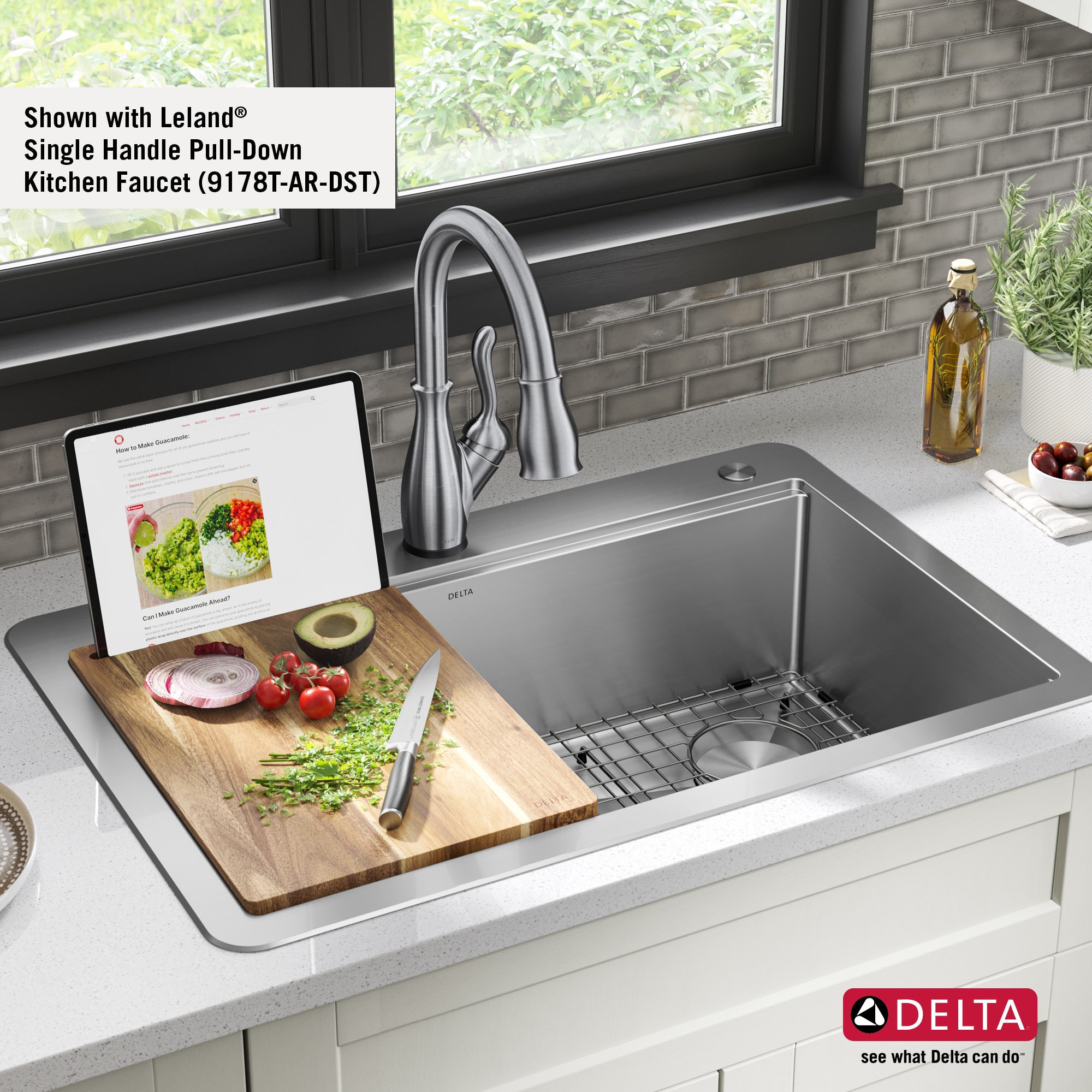 Delta Lorelai Drop-In 33-in x 22-in Stainless Steel Single Bowl 2-Hole Workstation  Kitchen Sink with Drainboard in the Kitchen Sinks department at