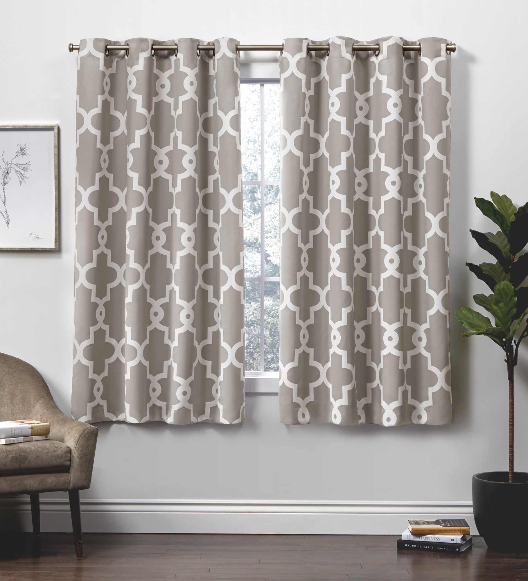 Silver and White Geometric Blackout Grommet Curtain Panels