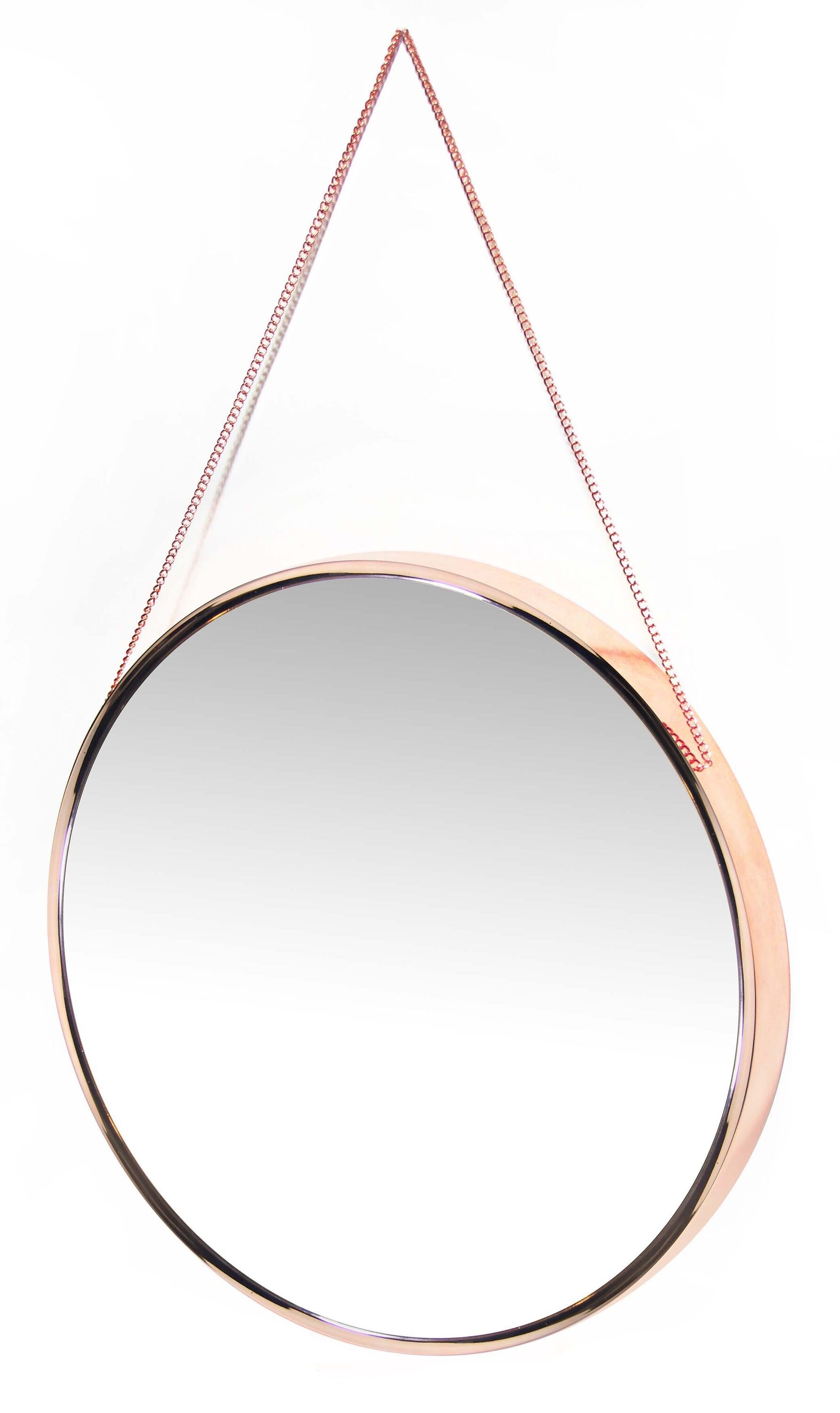 21" Modern Round Wood & Gold Wall Mirror with Metal Chain
