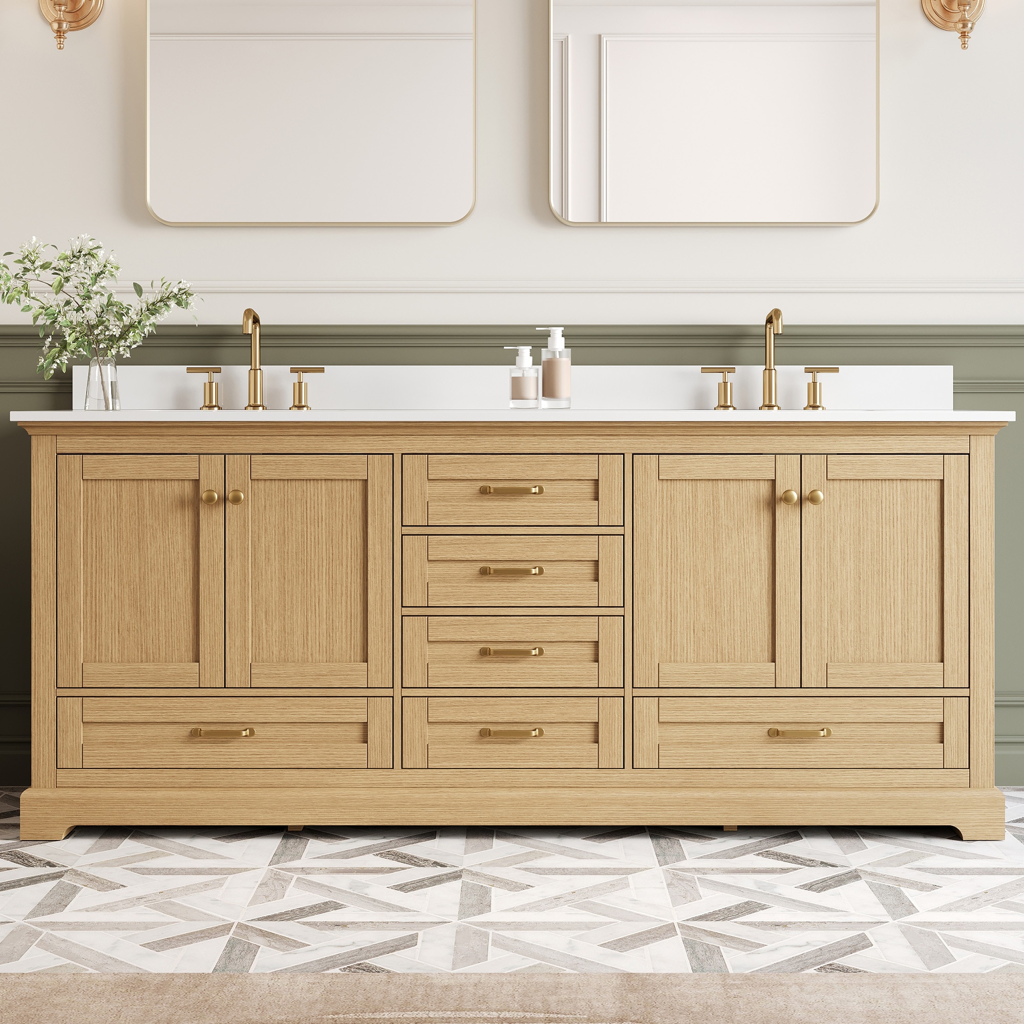 WELLFOR - YC Solid Wood Bathroom Vanities with Top 80-in Oak Undermount Double Sink Bathroom Vani...