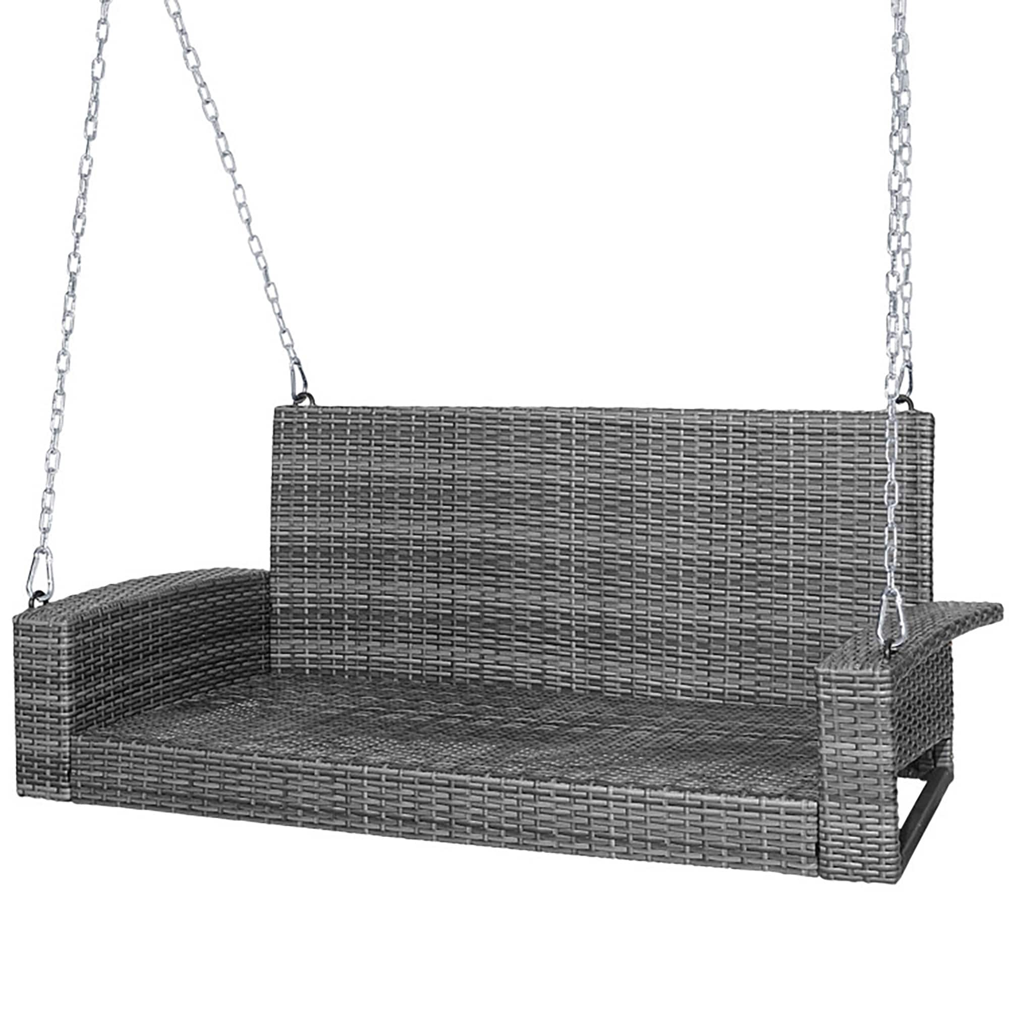 Gray Steel Frame Porch Swing with White Cushions