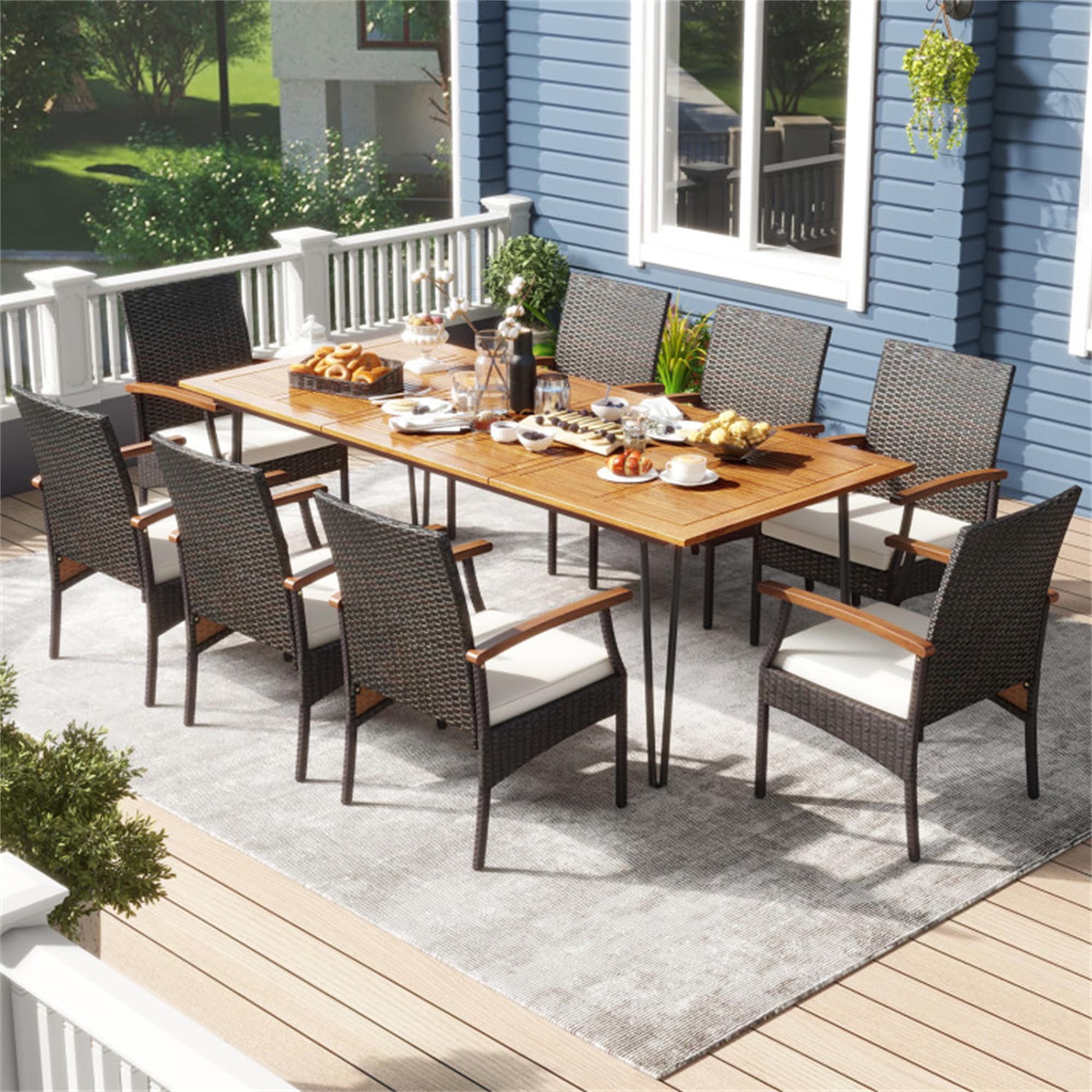 BABOOM BOM-25AAEORGO Outdoor Furniture Sets 9 -Piece Black Rattan Patio Dining Set Wood Rectangle Table with 8 Off-white Cushions Stationary Chairs