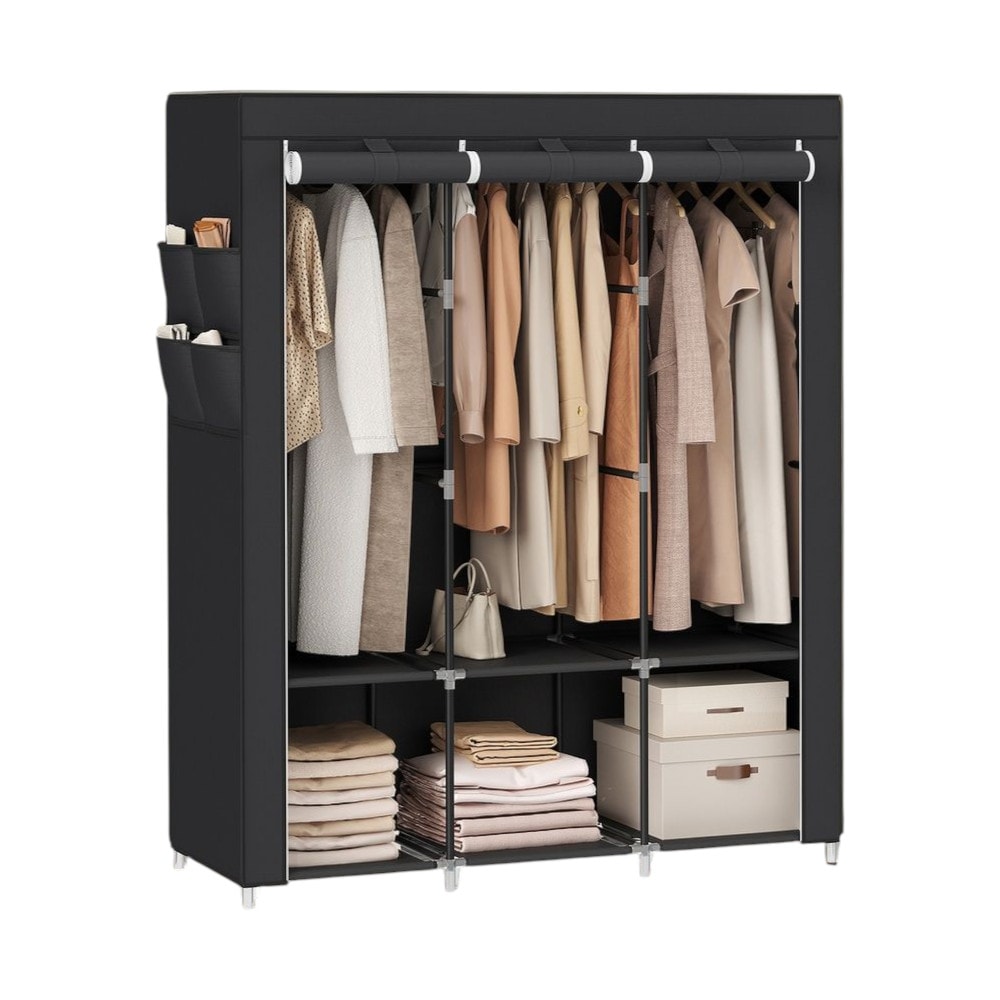 Slickblue Portable Black Wardrobe Closet with Fabric Cover 3 Hanging Rods Storage Shelves and Side Pockets for Bedroom Dorm or Apartment