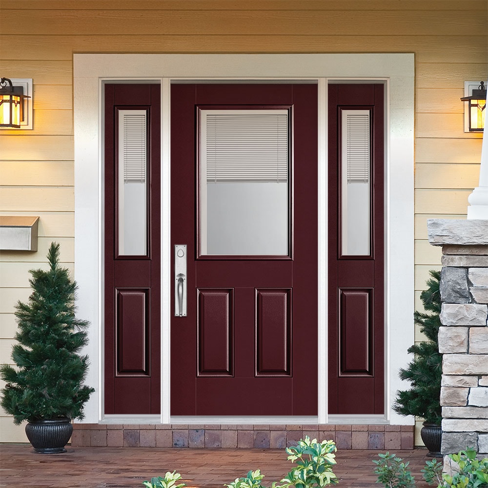 Masonite 1218510 60-in x 80-in x 4-9/16-in Fiberglass Half lite Right-hand inswing Currant Painted Prehung Front Door with Sidelights with Brickmould Insulating core with Blinds