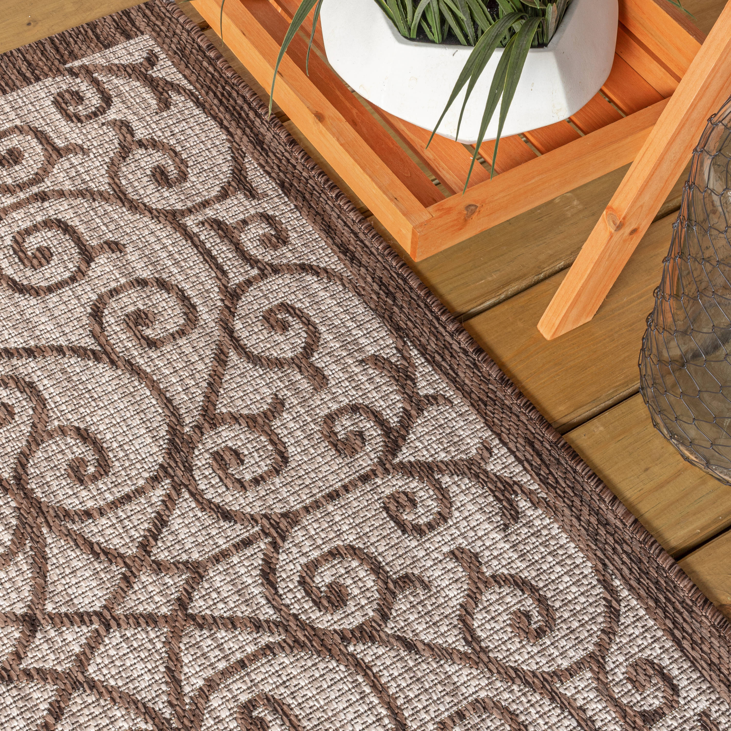 JONATHAN Y Santa Monica 2 x 8 Taupe/Espresso Indoor/Outdoor Border Coastal Runner  Rug in the Rugs department at