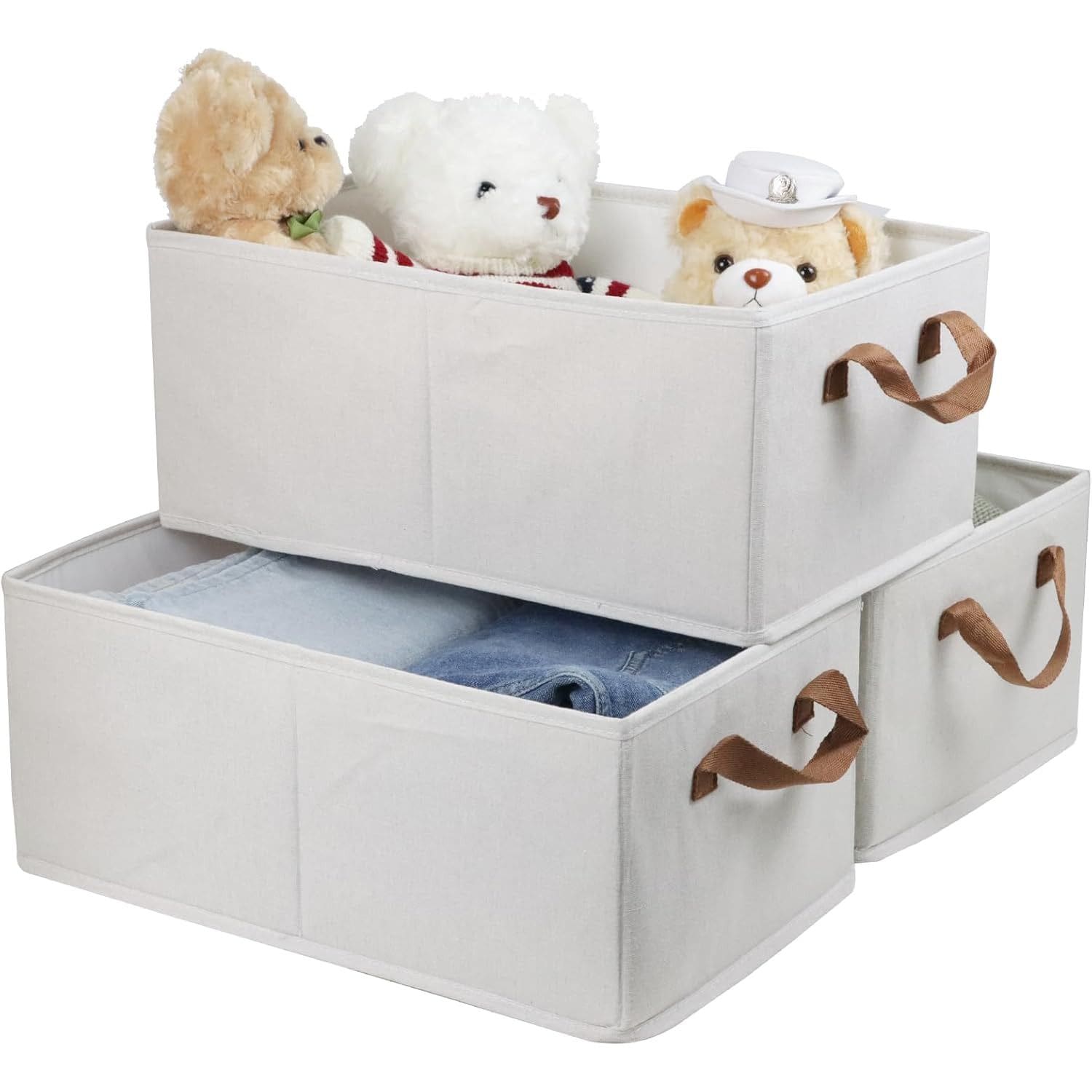 Slickblue 3 Pack White Cationic Fabric Storage Bin Closet Organizer for Bedroom Living Room 11 in L x 17.7 in W x 7.8 in H