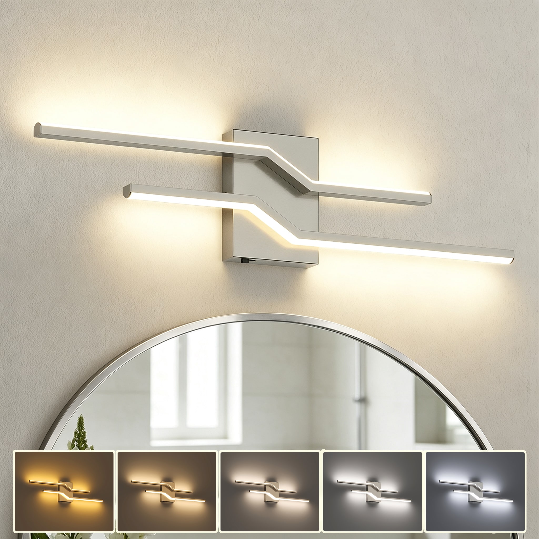 GIBUOD Modern Elegant 23.6 in. Geometric Linear LED Vanity Light Brushed Nickel Finish with 5CCT Selectable Dimmable Bathroom Mirror Fixture