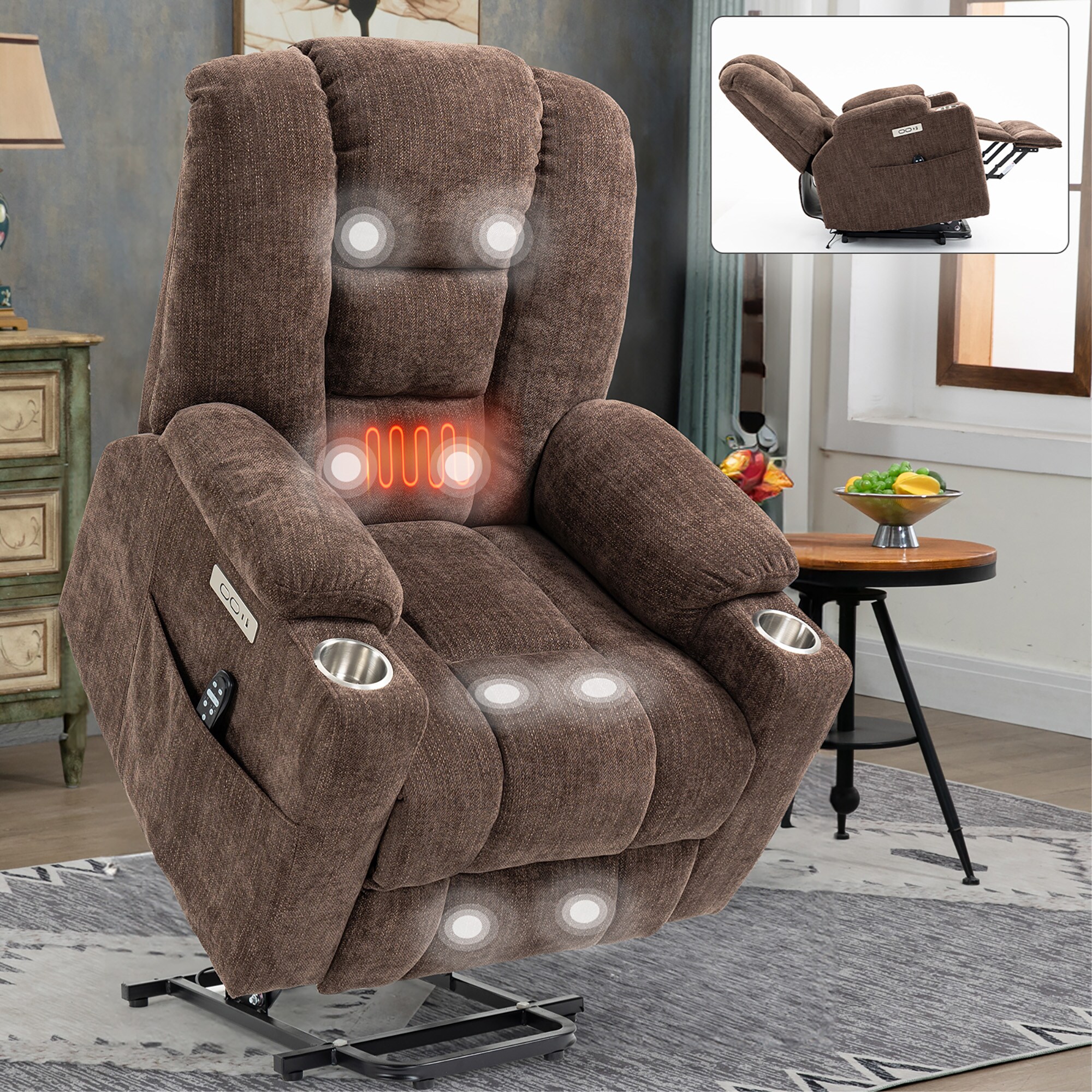 Sumyeg Large Power Lift Recliner Chair Brown Chenille Upholstered ...