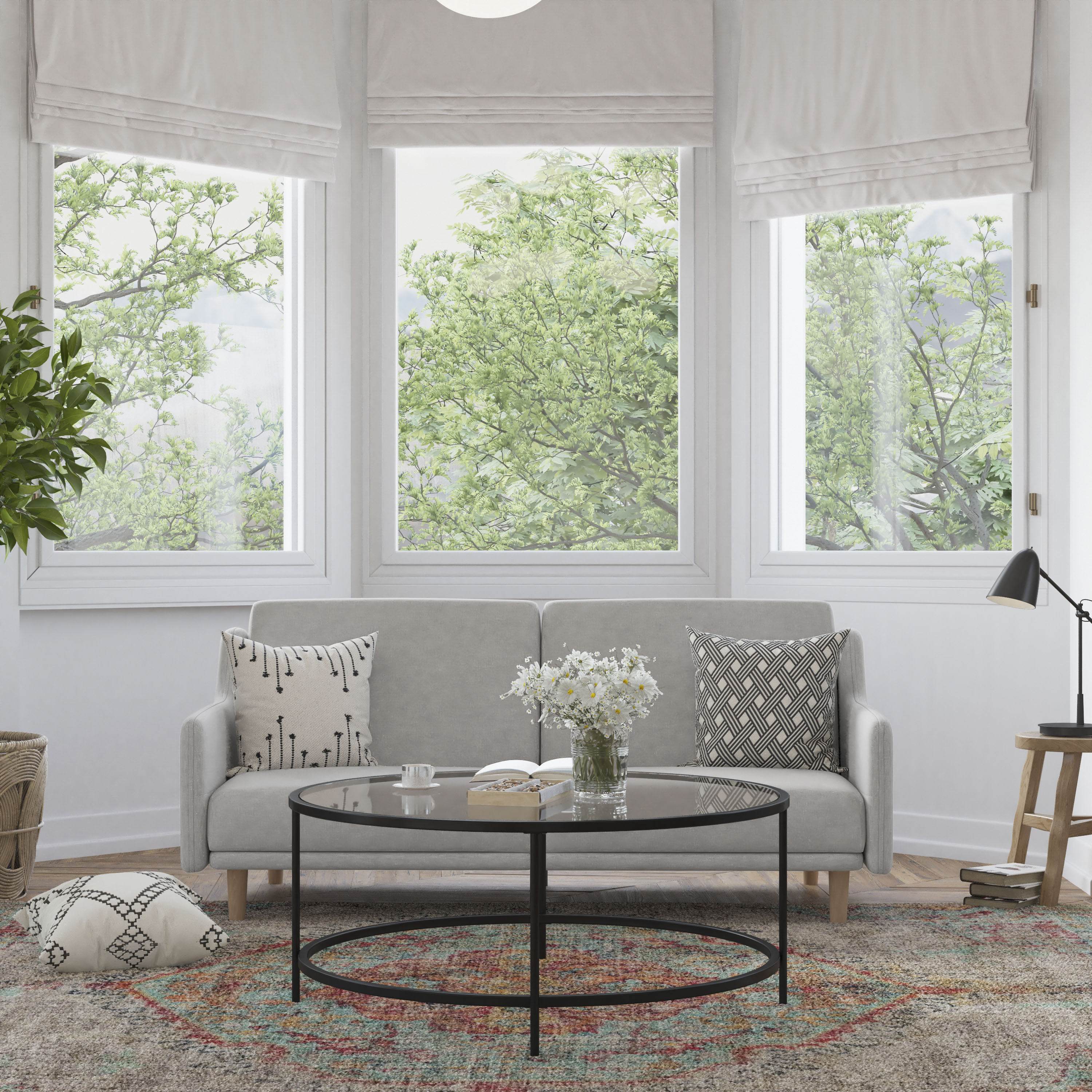 Flash Furniture 840196356396 Delphine Premium Convertible Split Back Sofa Futon with Curved Armrests and Solid Wood Legs - Gray Faux Linen Upholstery