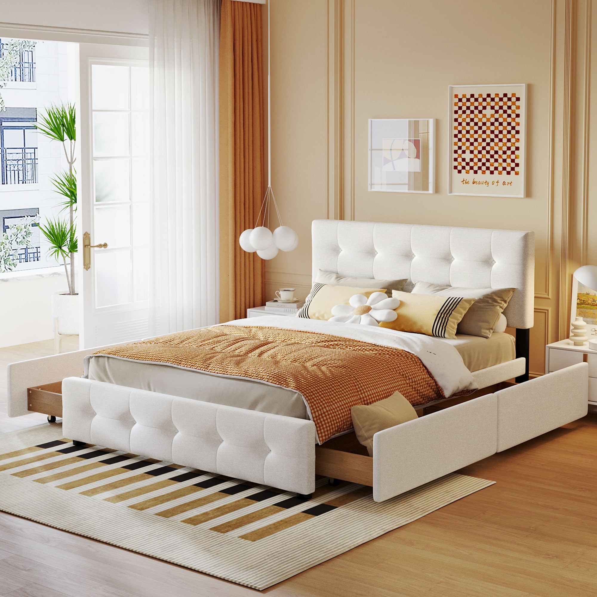 ModernLuxe LP100114AAK Upholstered Platform Bed with Classic Headboard and 4 Drawers No Box Spring Needed Linen Fabric Queen Size White