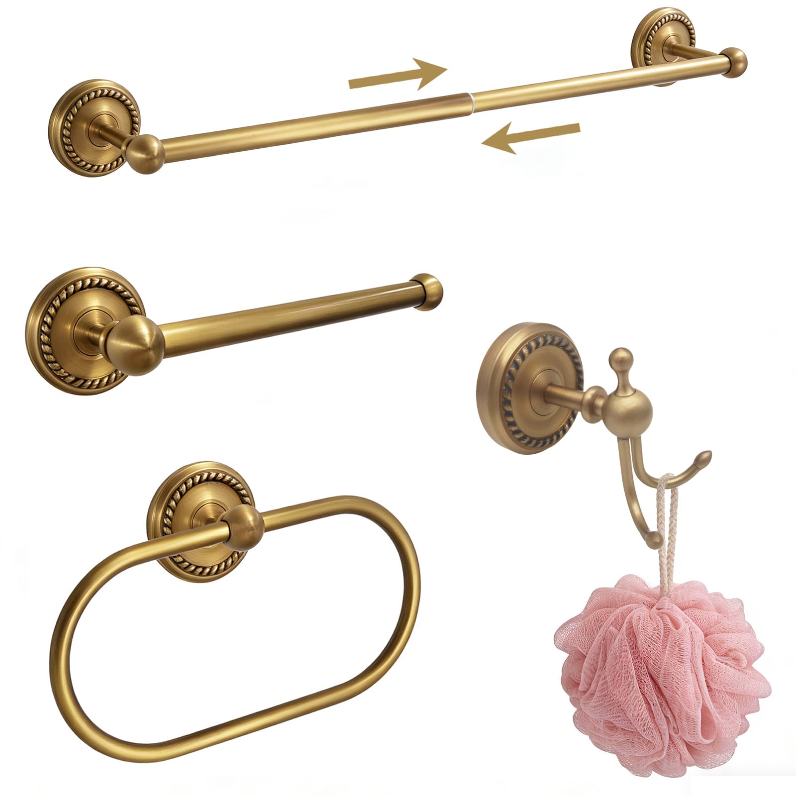 TNSO 4 Piece Antique Brass Bathroom Hardware Set Adjustable Towel Bar Vintage Towel Ring Toilet Paper Holder Robe Hook Wall Mounted Storage
