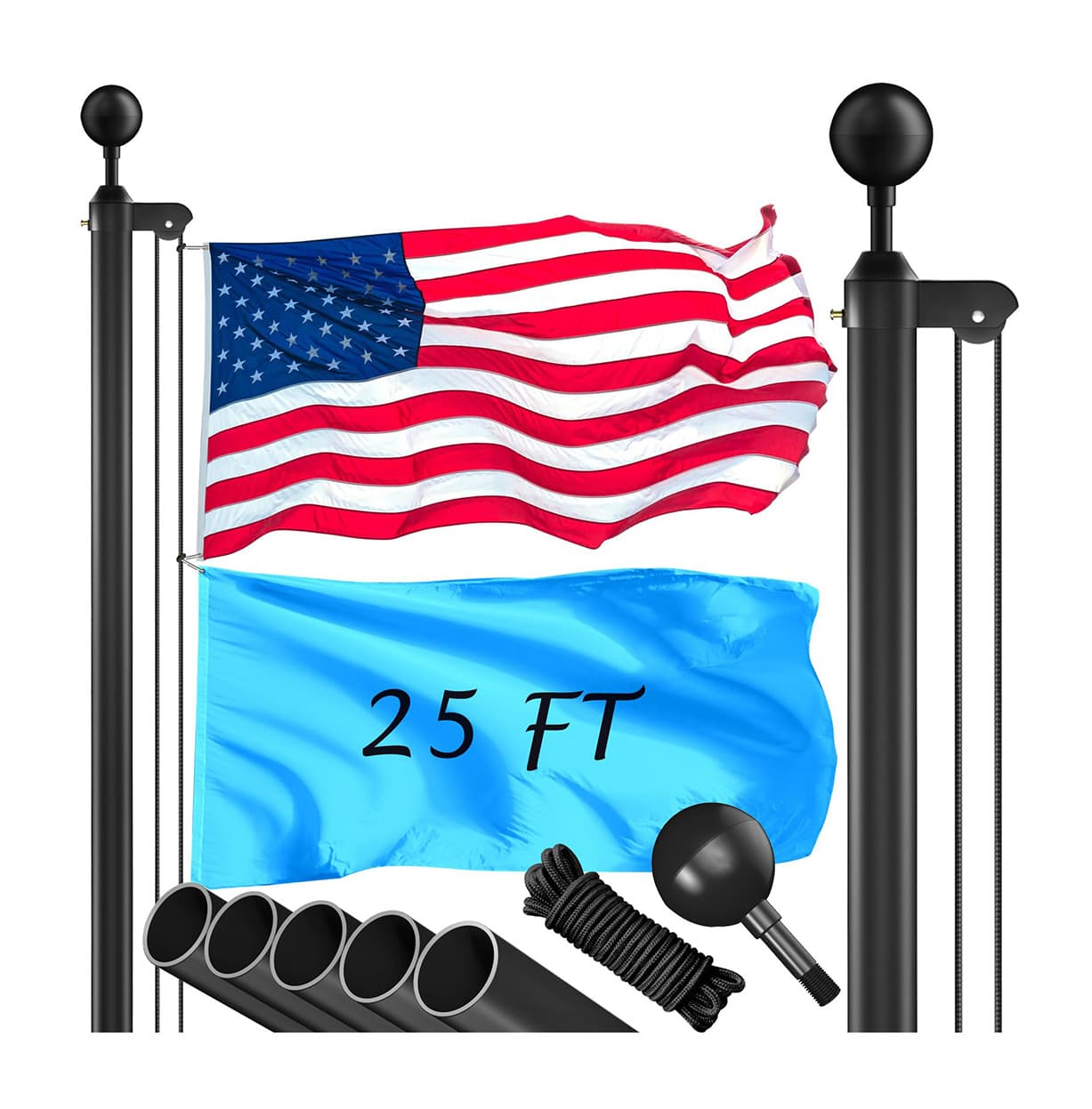 Aoibox  25FT Heavy Duty Metal Flag Pole Kit 1.8mm Thick In Ground Black Pole With 3x5FT American Flag Wind Resistant For Outdoor Use 1 Kit