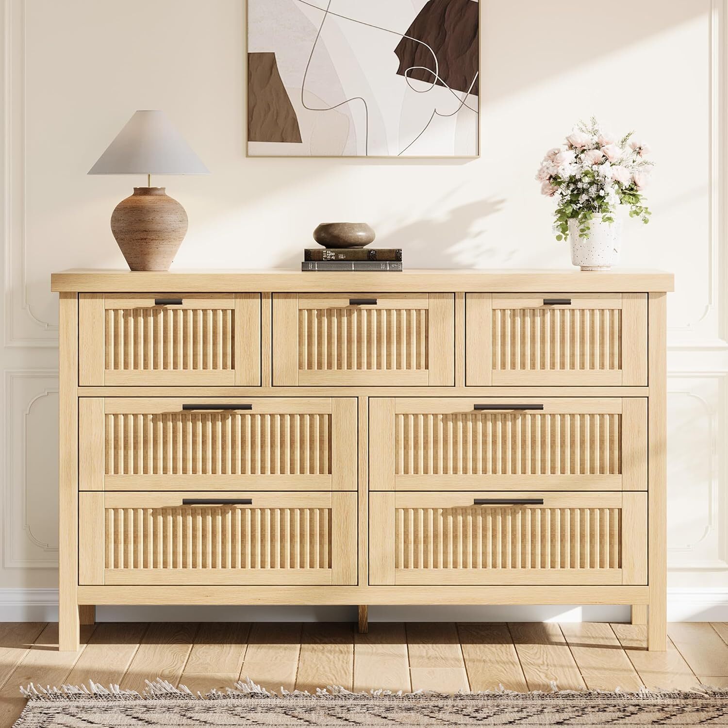 Garvee 7 Drawer Dresser with Textured Fronts Wide Storage Chest for Bedroom Living Room Entryway TV Stand-Wood