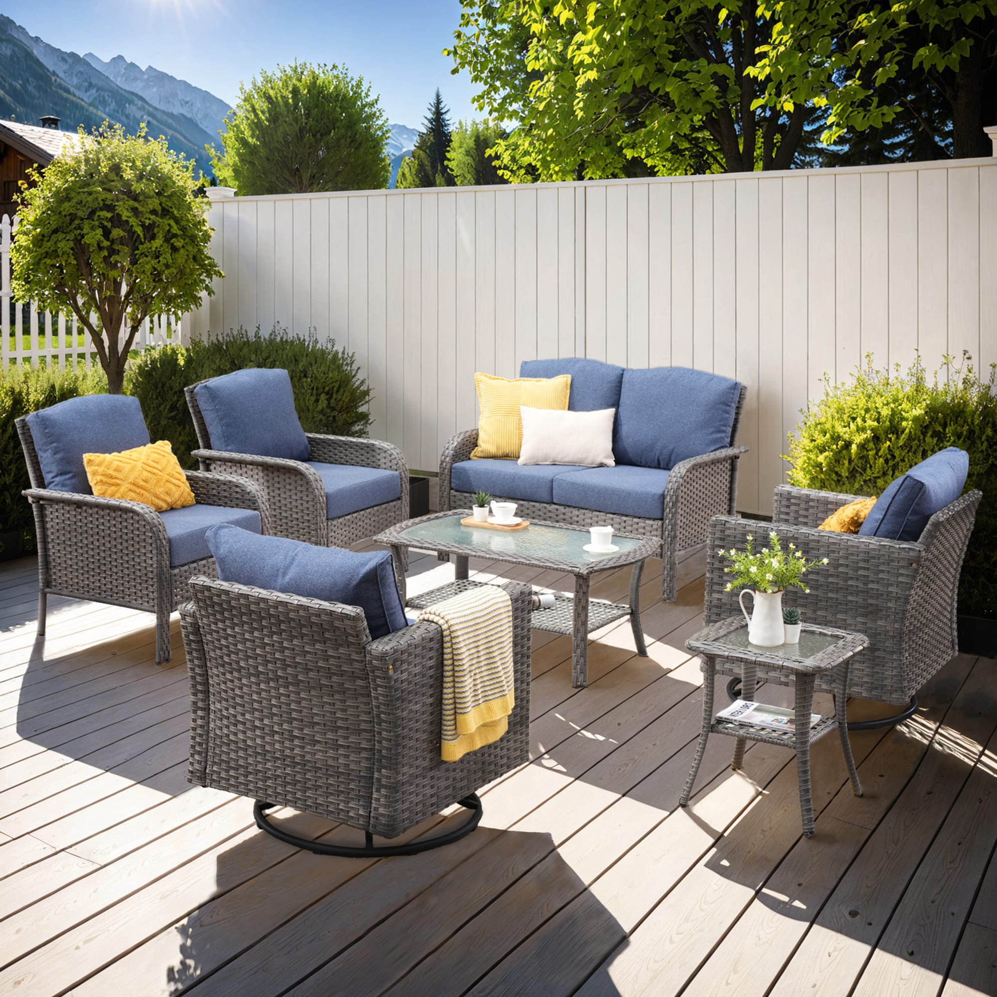 weaxty HTNDSYZGRS307 Initial 7 -Piece Wicker Patio Conversation Set with Blue Cushions