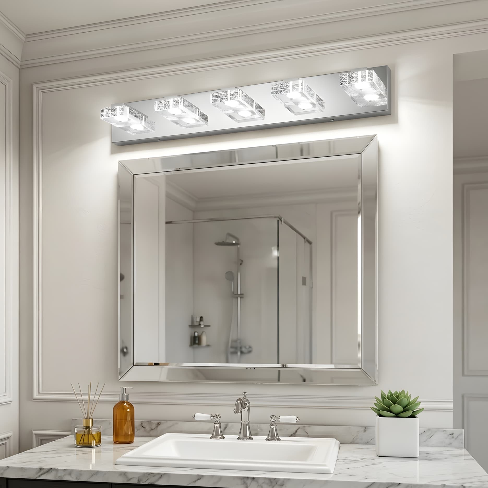 RCCFBHM 31-in 5-Light Modern Integrated LED Bathroom Vanity Light with Square Acrylic Lampshades