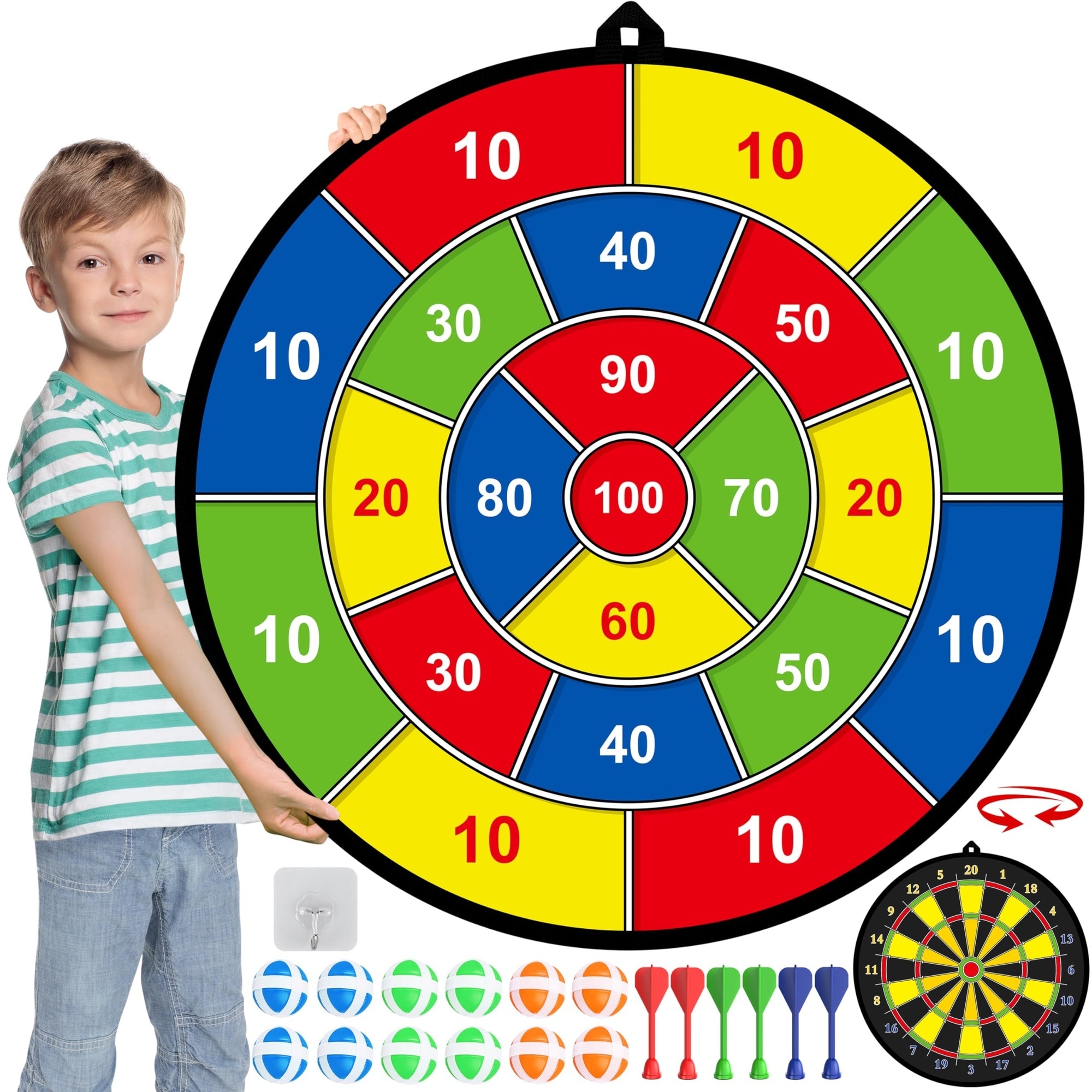 Adrinfly  Large Double Sided Dart Board Kit for Kids Indoor Outdoor Game Includes 12 Sticky Balls 6 Darts 1 Hook Fun Toy Gift Ages 3 to 12