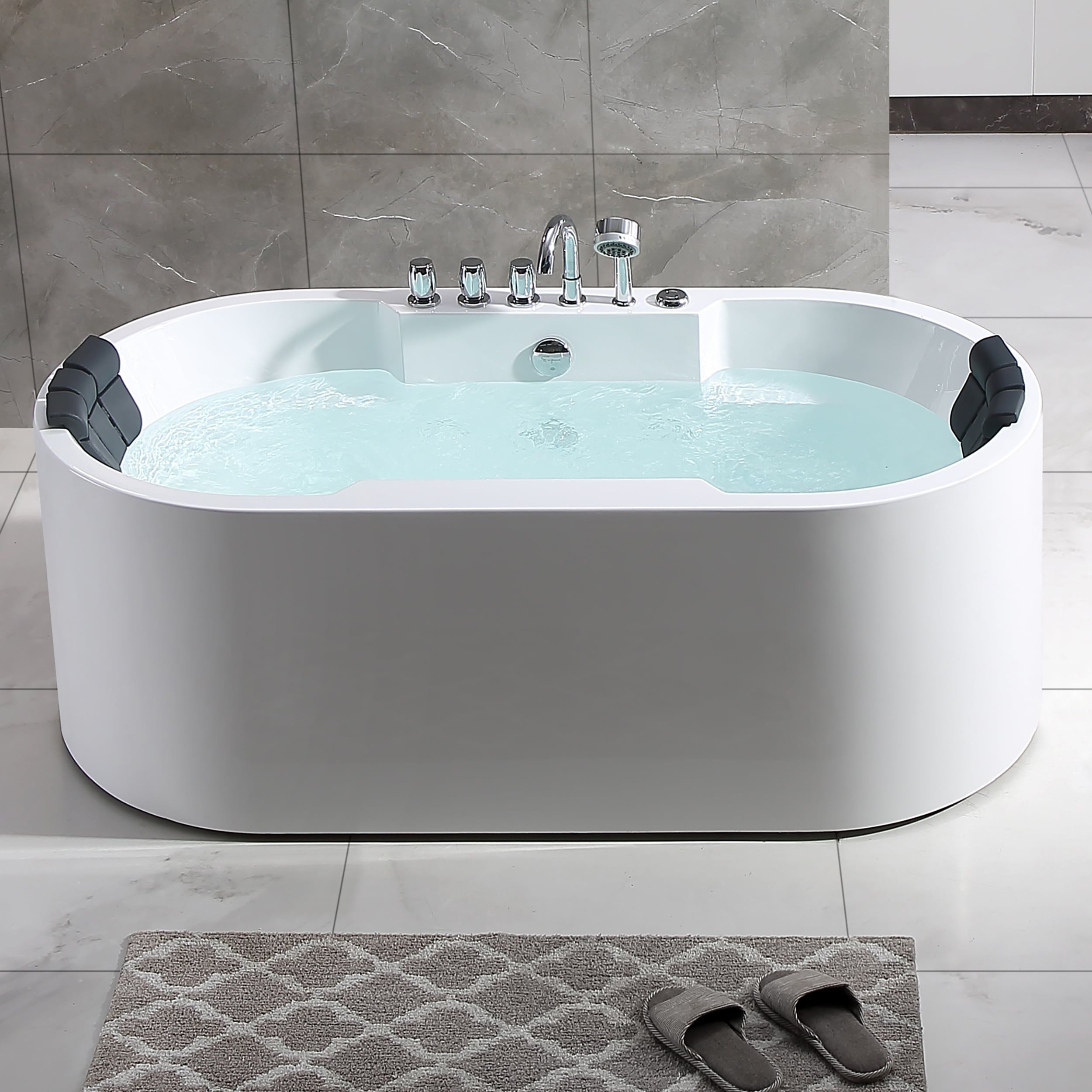 Empava Modern 34.2-in x 67-in White Acrylic Oval Freestanding Whirlpool Tub  with Faucet, Hand Shower and Drain (Center Drain) at