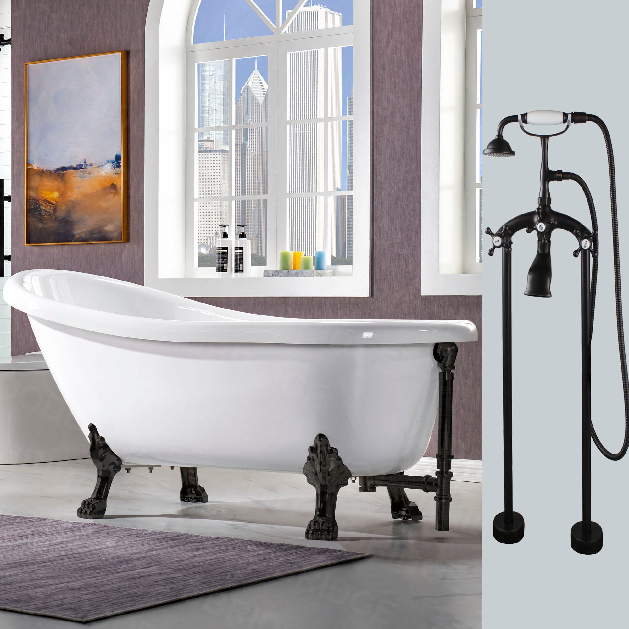 Woodbridge Albi 29.875-in x 67-in White with Oil Rubbed Bronze Trim Acrylic Oval Clawfoot Soaking Bathtub with Faucet and Drain (Reversible Drain) -  LB199