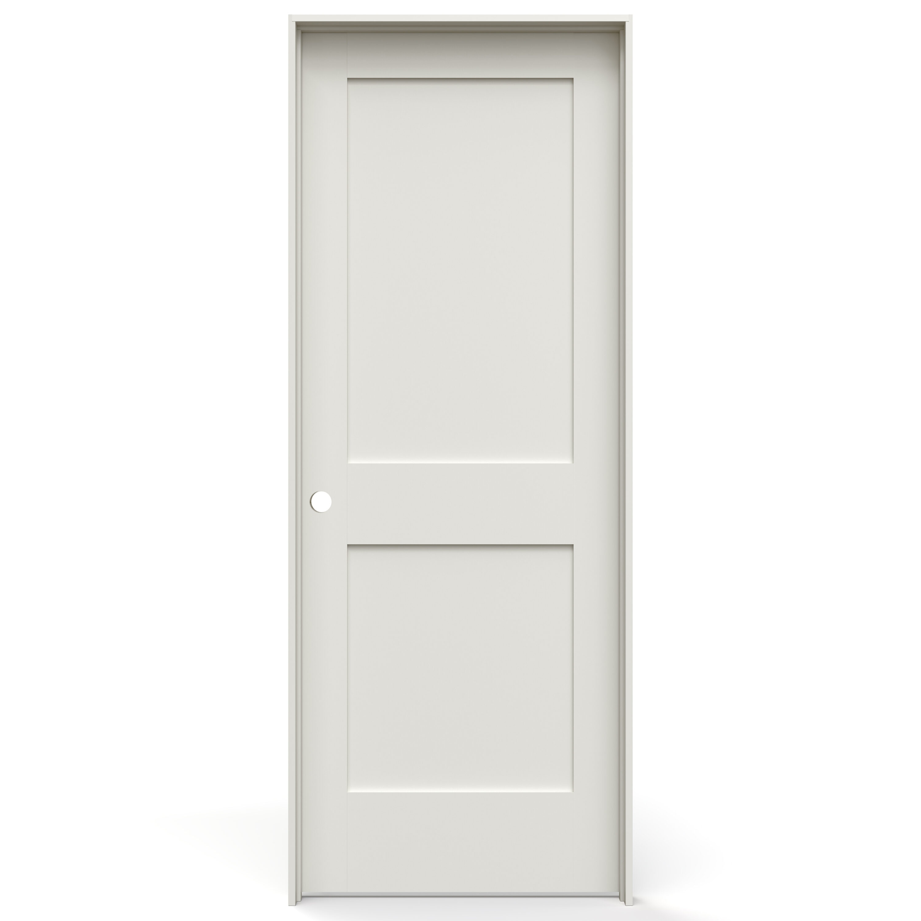 JELD-WEN LOWOLJW238800082 30-in x 80-in Primed Solid core 2-panel square Right hand Smooth Primed Pine Wood Flat Jamb Single Prehung Interior Door