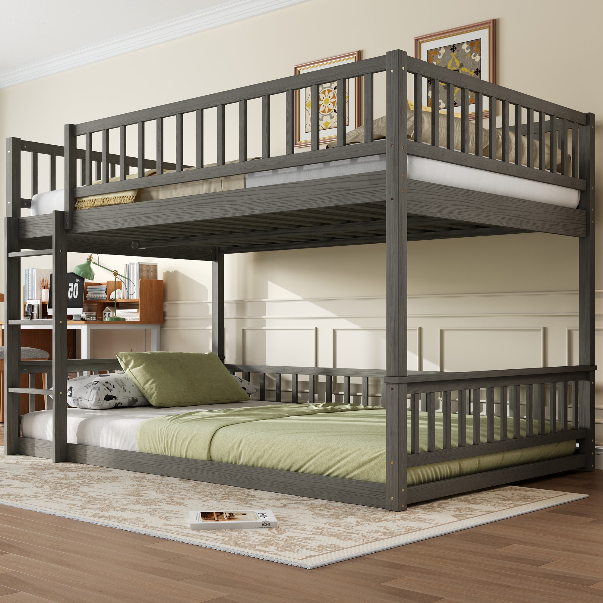 Queen over Queen Bunk Bed with Ladder and Guardrails  Gray