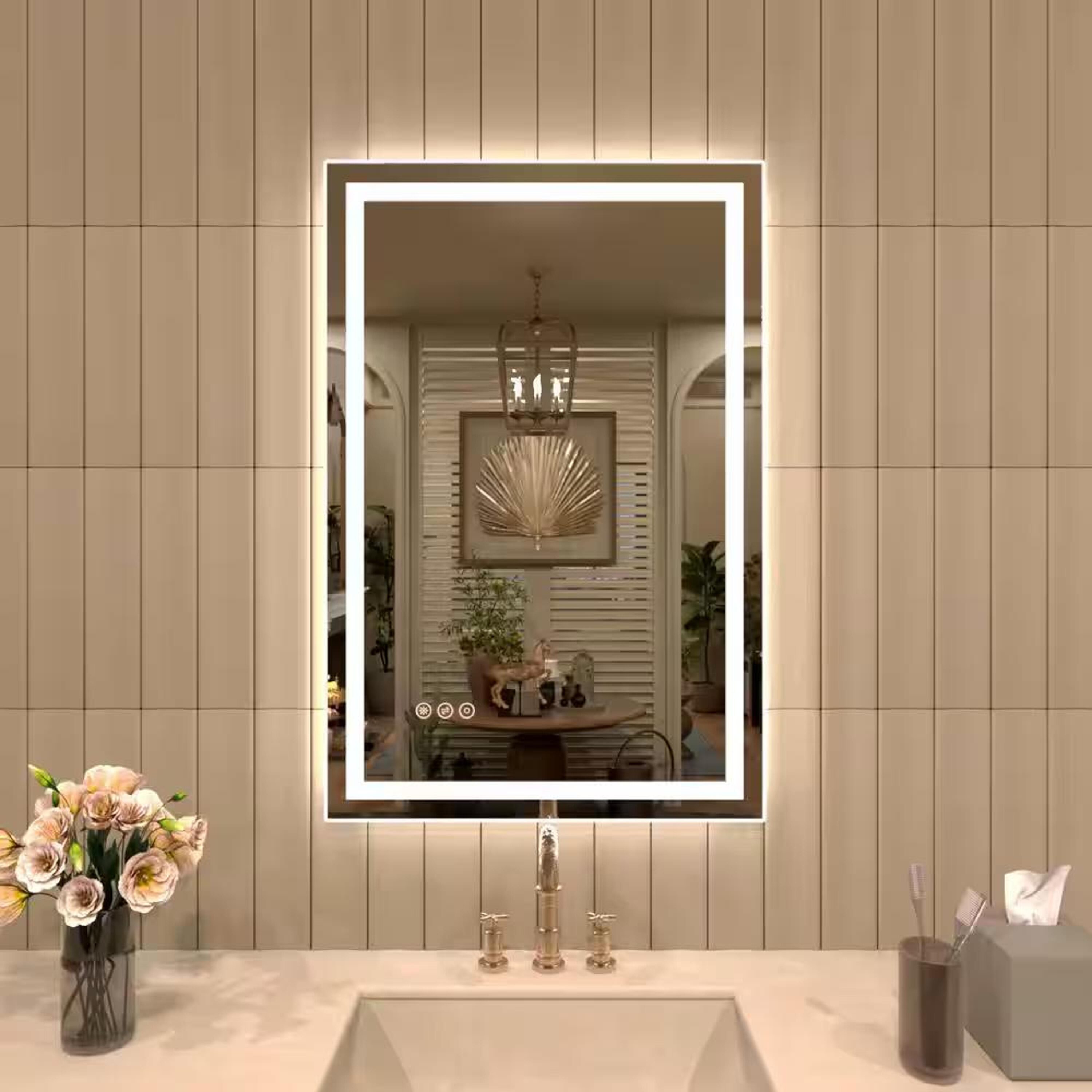 Bayfeve BFKF-2030D4-MIR Modern Multifunctio LED Bathroom Mirror 20-in x 31-in Polished Frameless Rectangle Dimmable LED Lighted Fog Free Bathroom Vanity Mirror ( Clear )