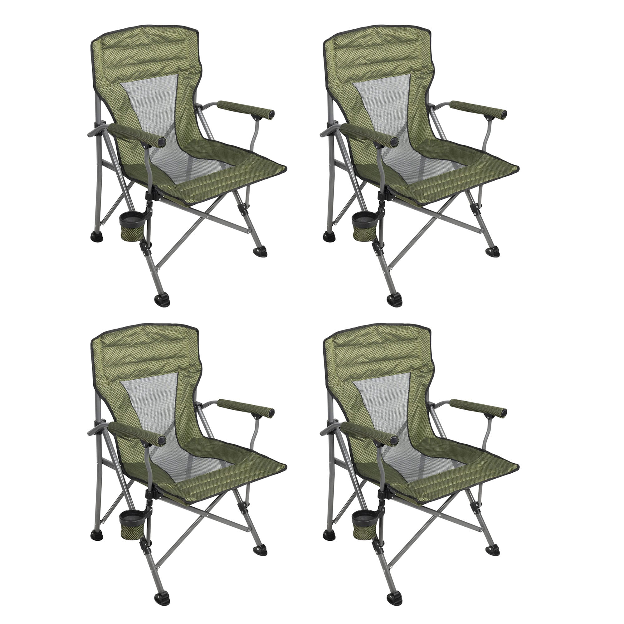 Four Seasons Courtyard 399382 Quad Sports Oversized Folding Arm Chair Portable Padded Furniture Seating Set with Cup Holders  Carrying Case Green 4 Pack
