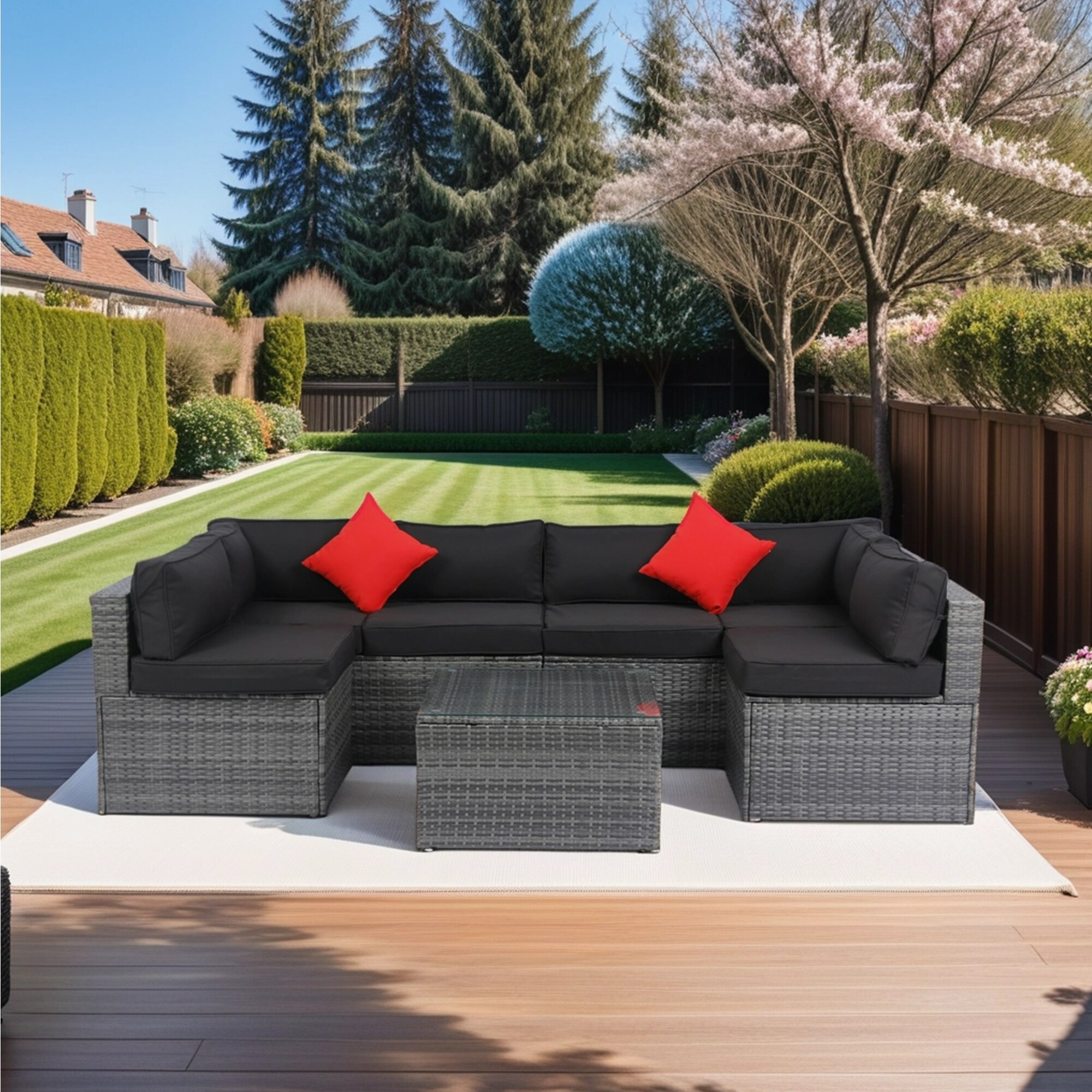 Forclover R4FW-015BE 5 -Piece Wicker 2 Patio Sofa Conversation Set with Black Cushions