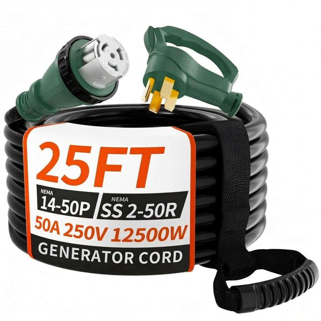 Misopily  50 Amp Generator Cord 25FT Heavy Duty RV Extension Cord Green Twist Lock NEMA 14 50P SS2 50R Outdoor Power Cable for Camper House