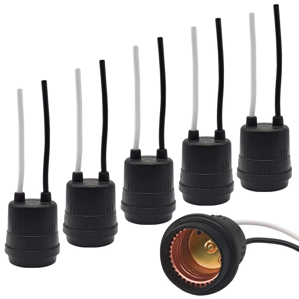 Misopily  Waterproof E26 E27 Medium Base Lamp Socket 6 Pack Black Pigtail Holder Fully Sealed Rainproof Heat Resistant 250V 660W for Remodel