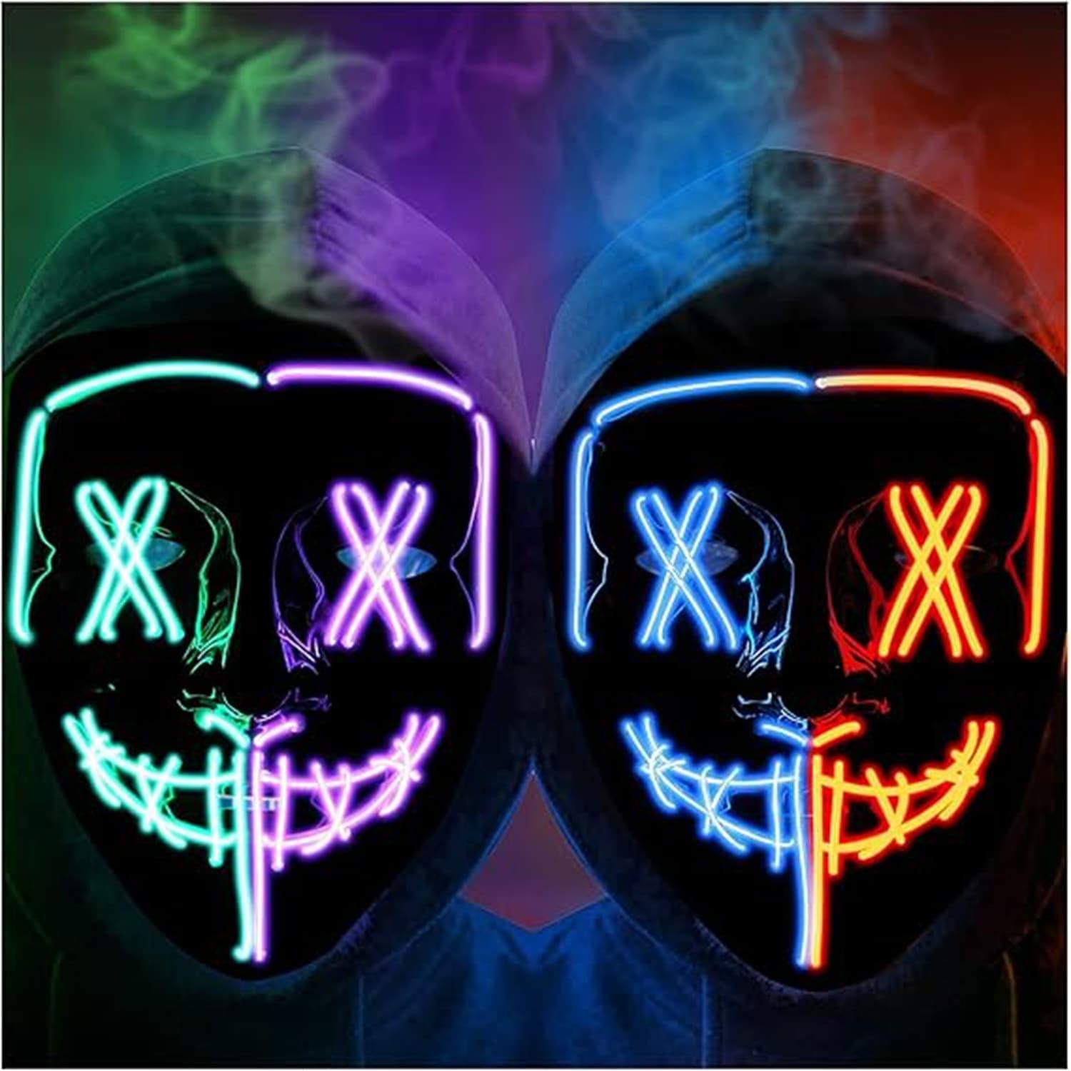 Qeetex LSHQQPTO-0XL8FI58 2 Pcs Halloween V-Shaped Double X-Eye Led Light-Up Mask Blue Red Green Purple Half Face Stitching