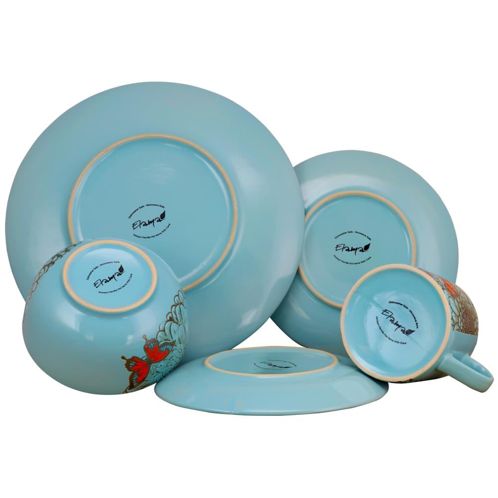 Butterfly Garden Blue and Gold Ceramic Dinnerware Set, Service for 4