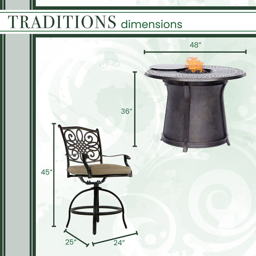 Tan Elegance 48" Aluminum High-Dining Fire Pit Set with 4 Swivel Chairs