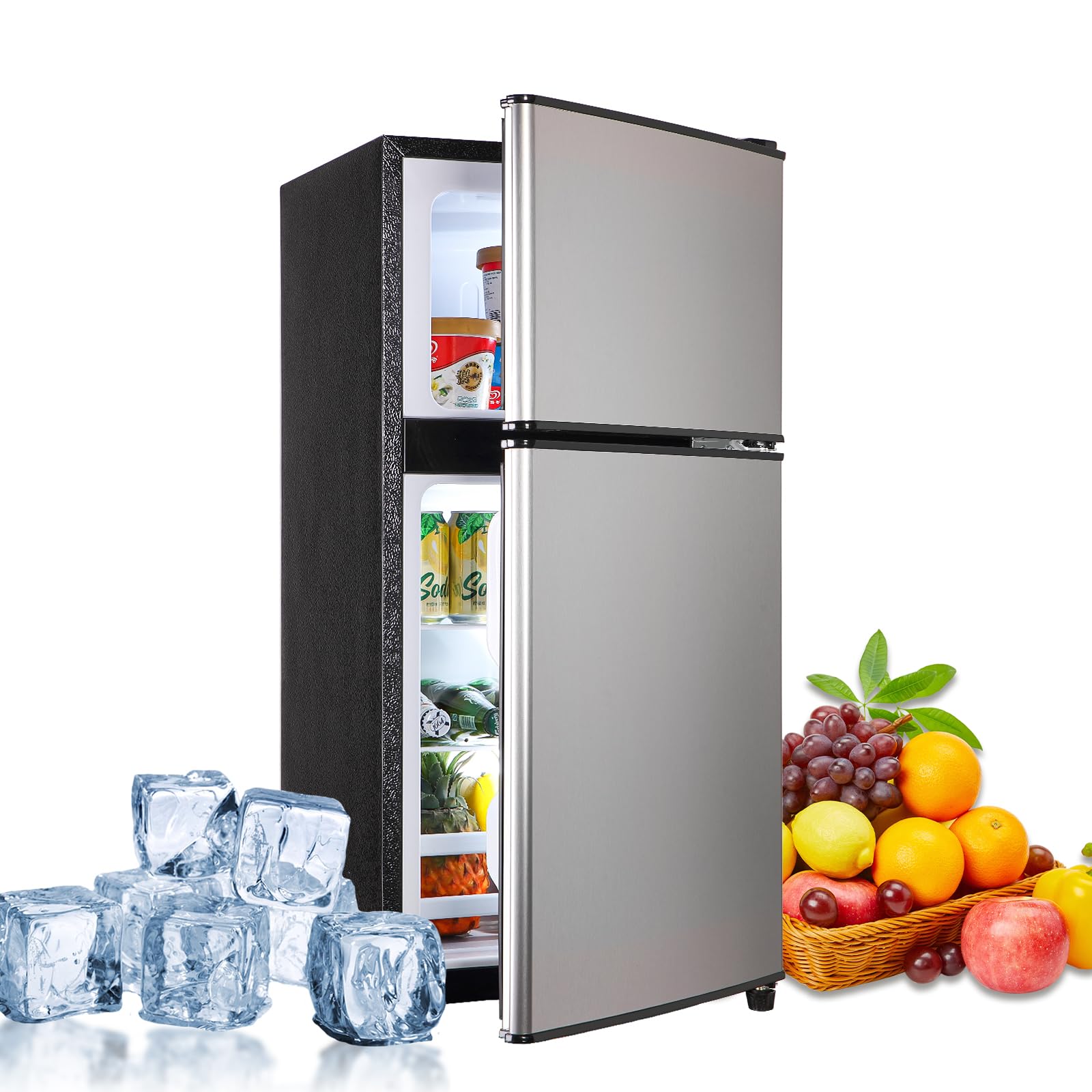 VEELIKE FLS-90-SILVER-MCZN Dorm Fridge with Freezer Silver Small Refrigerator 3.6 Cu. Ft. with Freezer for Apartment