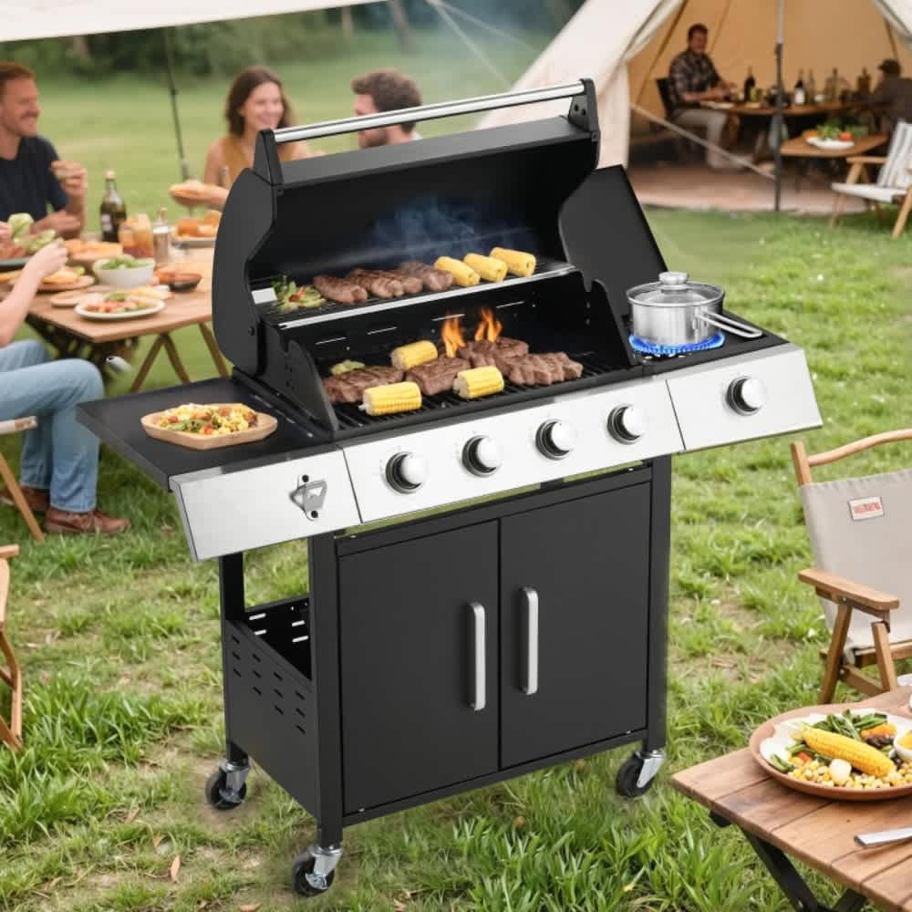 U-HOMY LY-188BK-OT 4-Burner Outdoor Propane Gas Grill with Side Burner and Cast Iron Grates