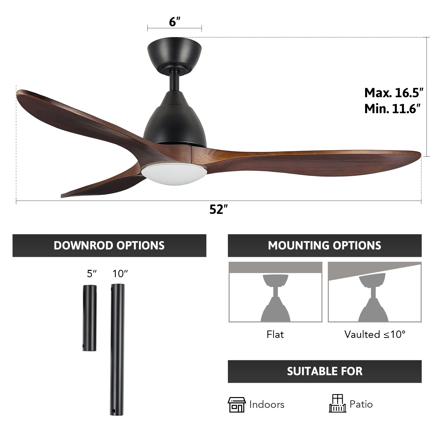 CO-Z 52-in Matte Black with Brown Wood Grain Blades Color-changing ...