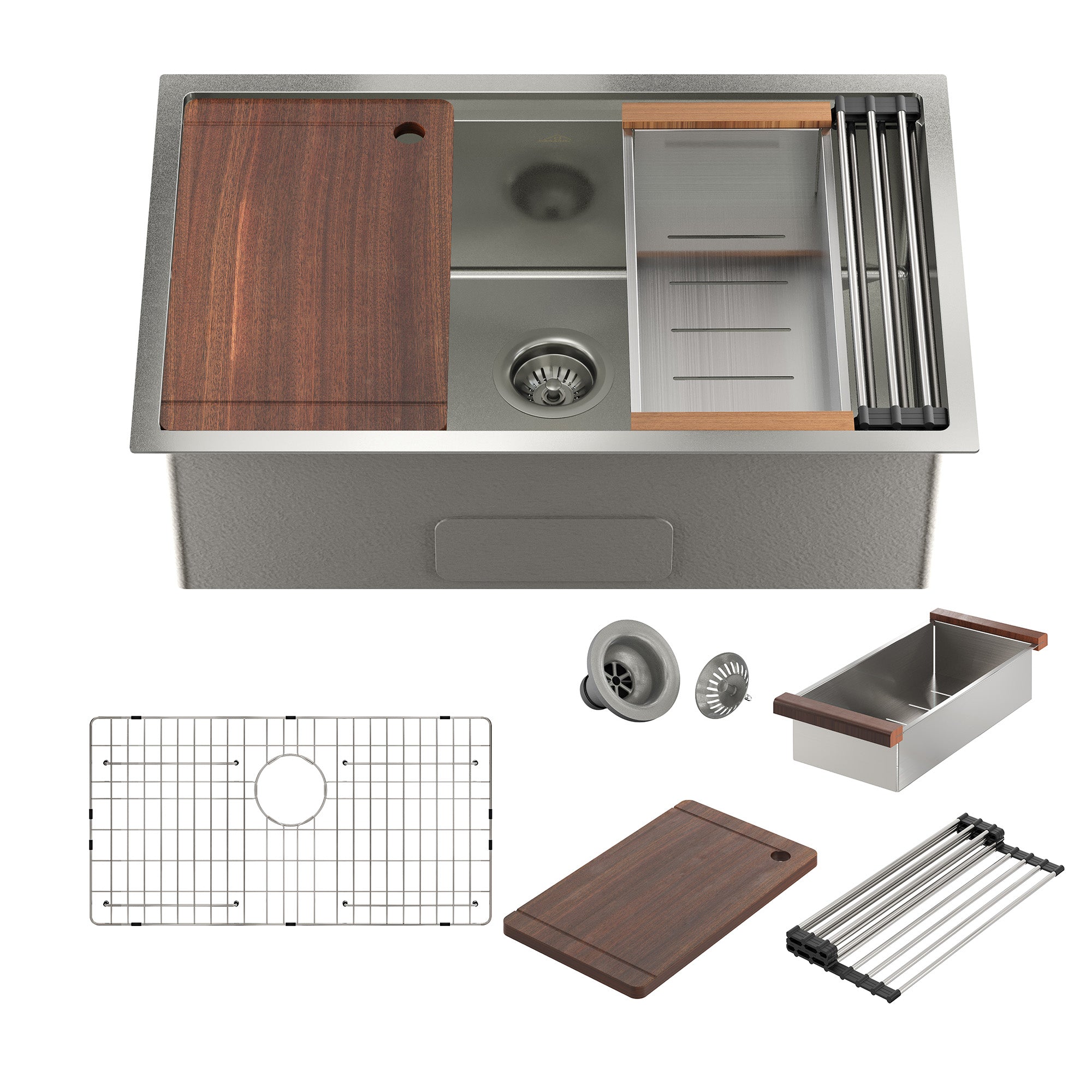 Boyel Living BLKE05025US132N 32 in. Undermount Single Bowl 18-Gauge Stainless Steel Kitchen Sink with Cutting Board and Rolling Drying Rack and Drain and etc
