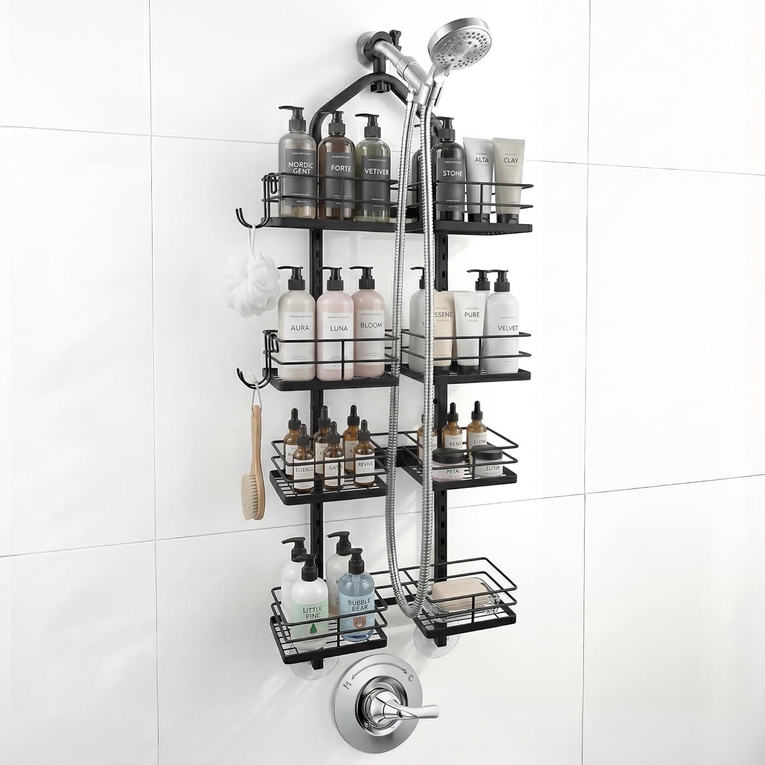JUSHUA Shower Caddy Hanging for Handheld Shower Heads 4-Tier Adjustable Hagging Shower Caddy Stainless Steel Hose Hanging Shower Organizer with 2 S-Hooks Matte Black