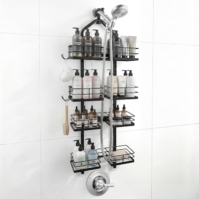 JUSHUA Shower Caddy Hanging for Handheld Shower Heads 4-Tier Adjustable Hagging Shower Caddy Stainless Steel Hose Hanging Shower Organizer with 2 S-Hooks Matte Black