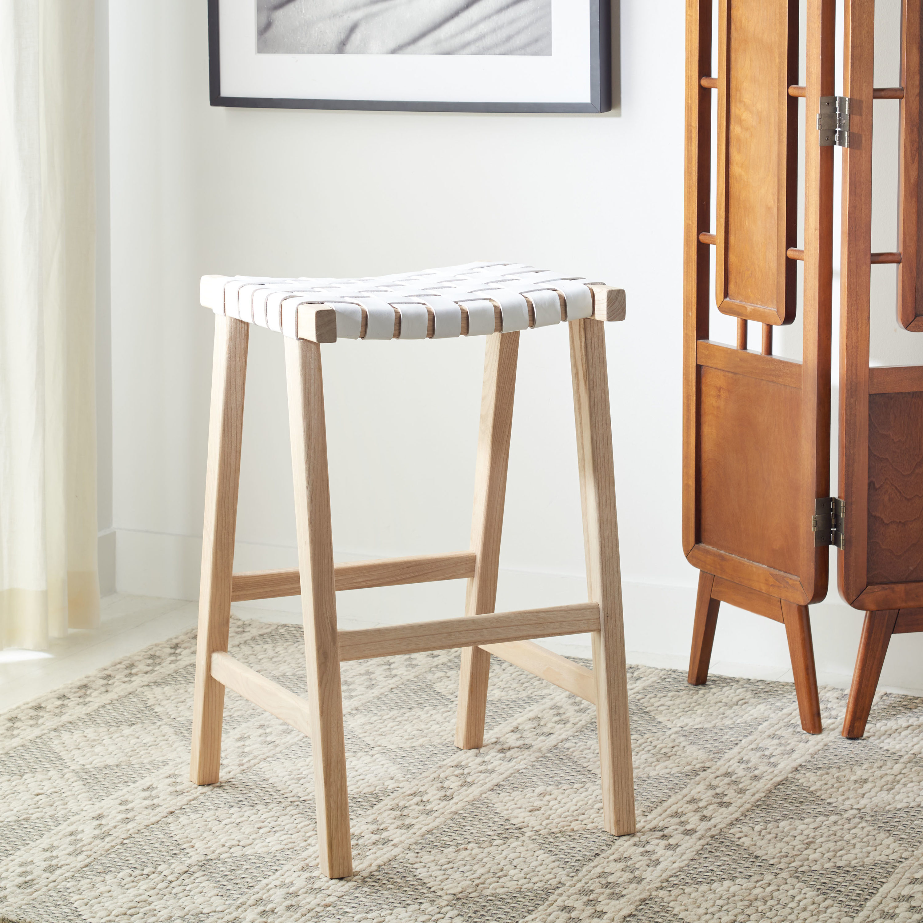 Airy Coastal Charm White Leather and Wood Saddle Barstool