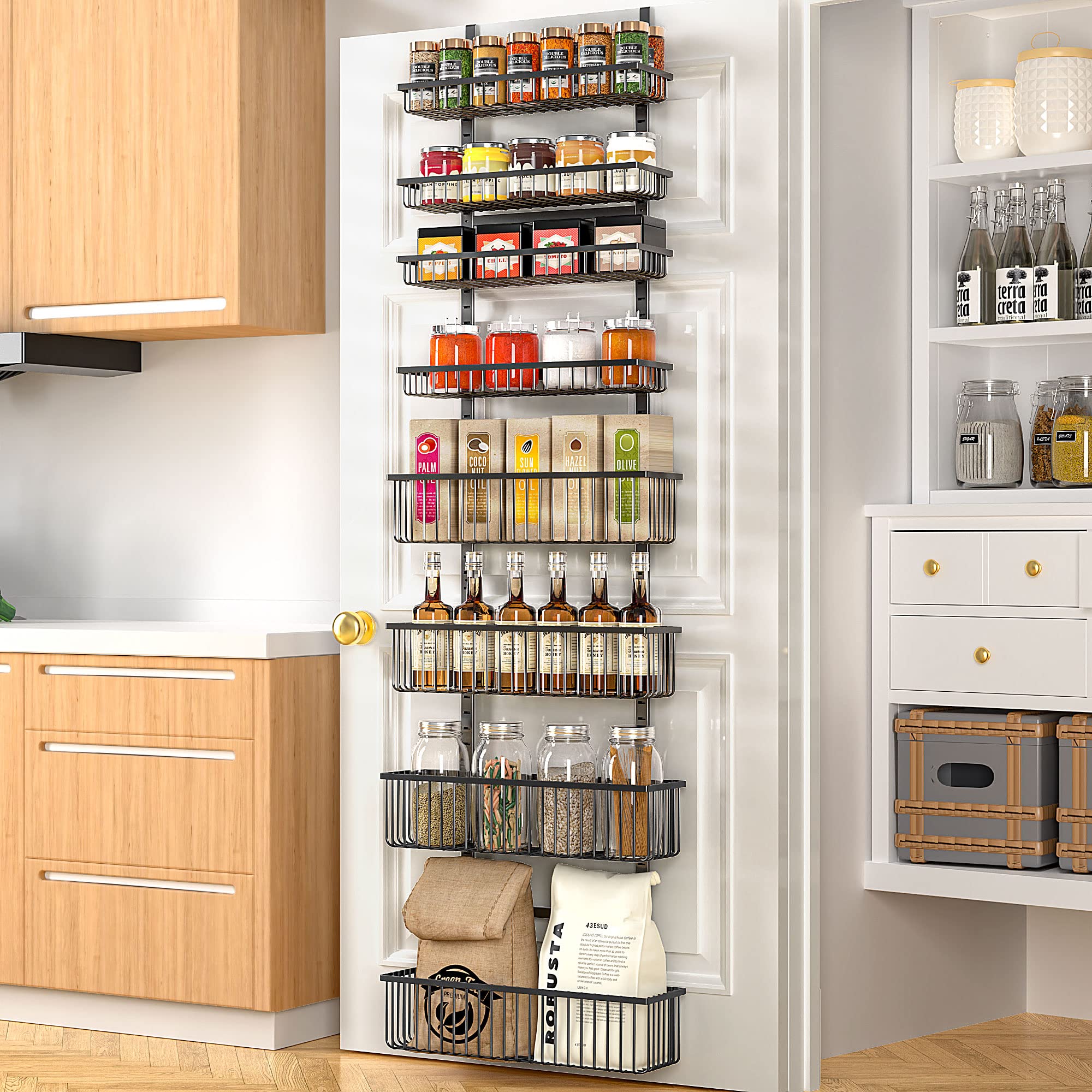 AOIZGMY  Over The Door Pantry Organizer with Eight Tiers Metal Baskets Kitchen Storage Rack for Spices Snacks and Household Items Black