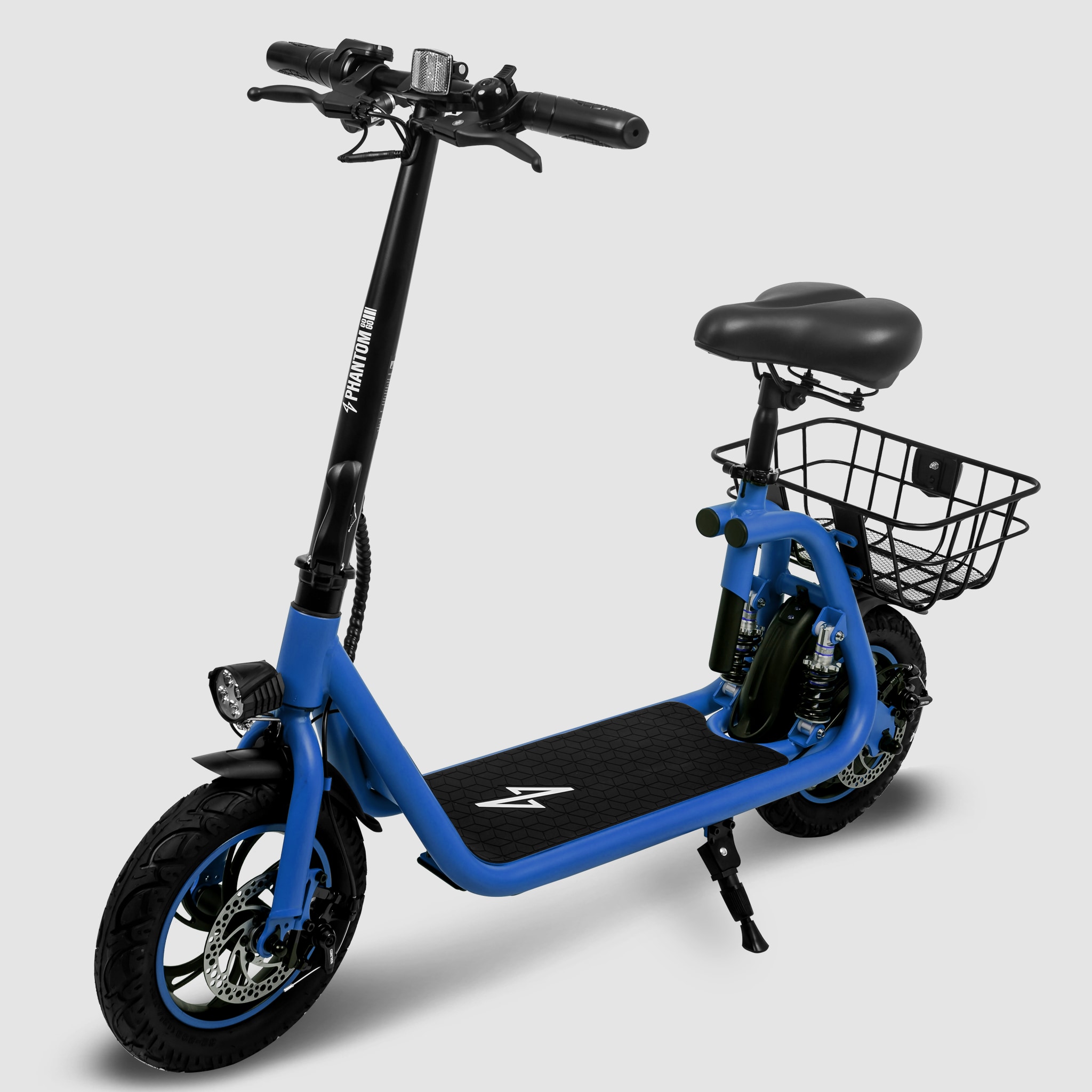 Phantom R1 PRO - BLUE The Ccommuter R1 Pro Seated Electric Scooter Is Our Newly Updated, Convenient, and Efficient E-scooter. It Can Reach Speeds Of Up To 15.5-MPH and Has An Extended Range Of 20-Mile On A Full Charge, Making It Perfect For Longer Commutes and Daily Use