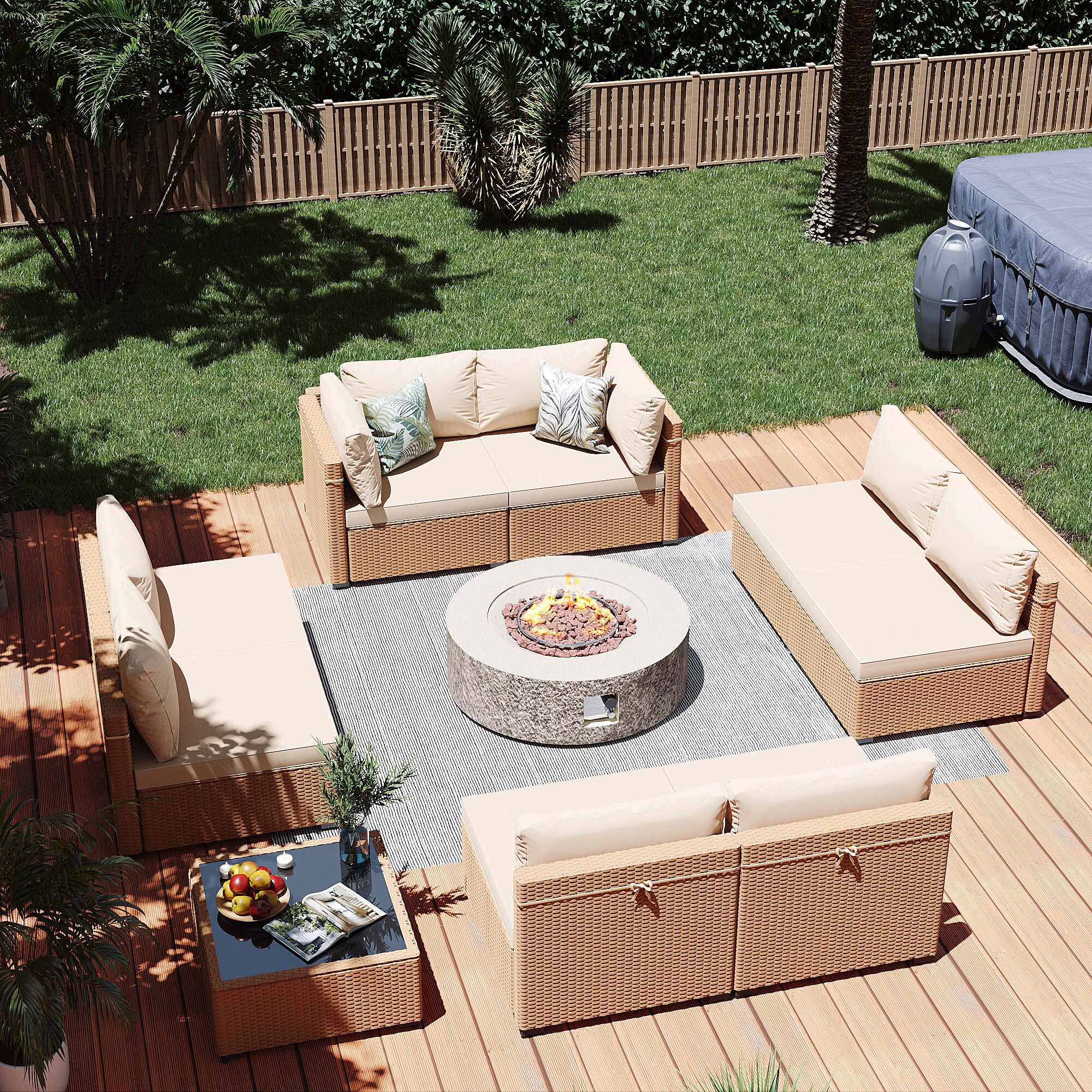 Patio Watcher LS-RT9-42QQBE-Y1 10 -Piece Rattan Patio Conversation Set with Beige Cushions