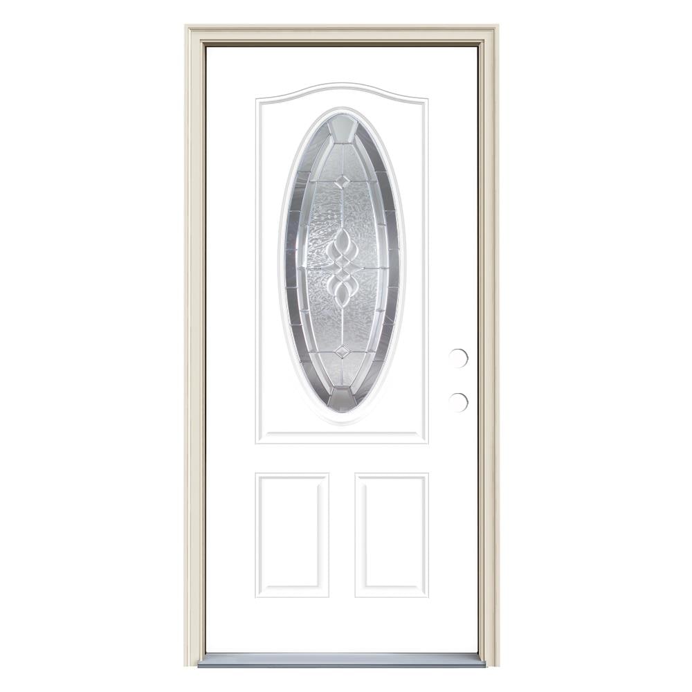 Hampton 36-in x 80-in Steel Oval Lite Left-Hand Outswing Modern White Painted Prehung Single Front Door Insulating Core | - JELD-WEN LOWOLJW230400045