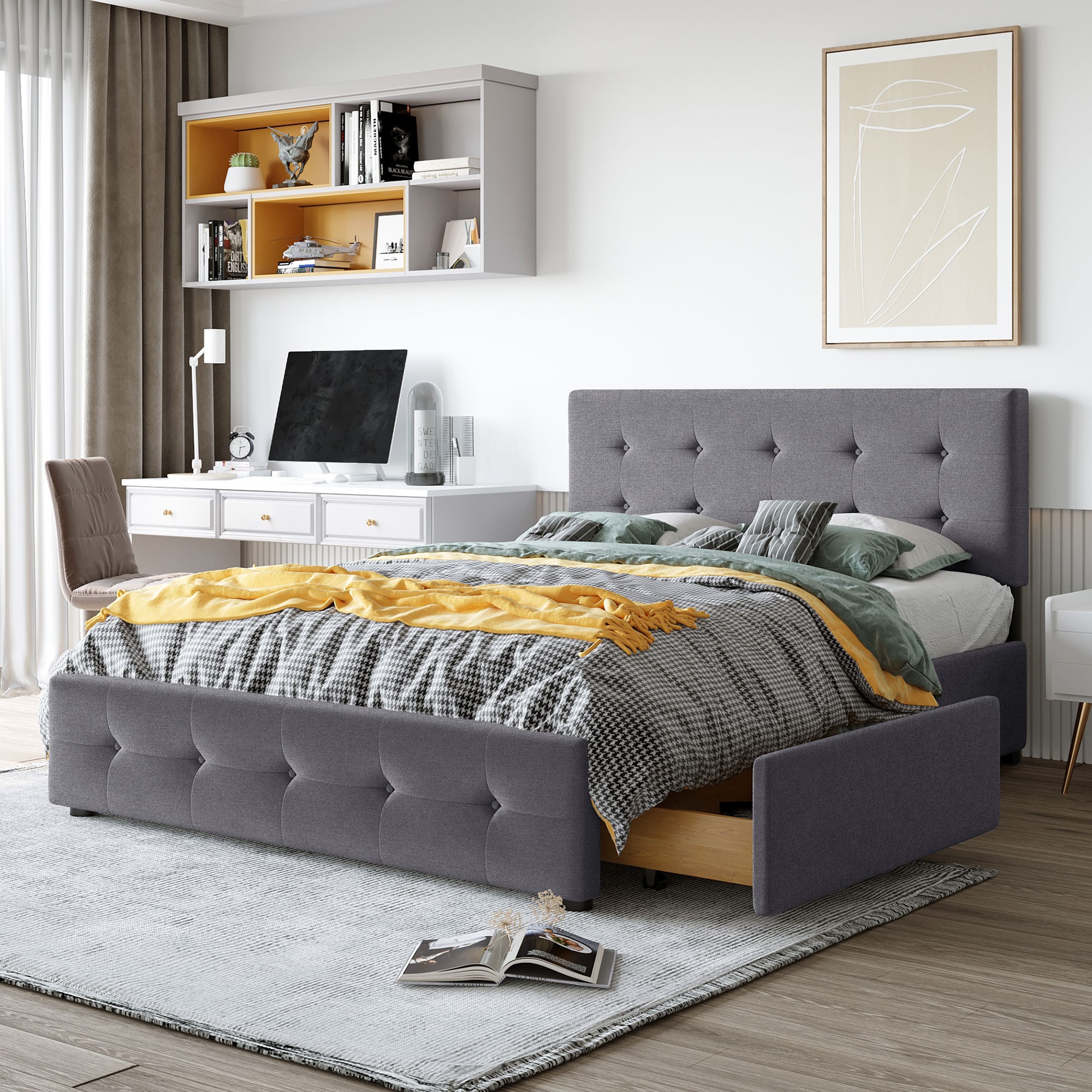 ModernLuxe LP100114AAE Upholstered Platform Bed with Classic Headboard and 4 Drawers No Box Spring Needed Linen Fabric Queen Size Dark gray