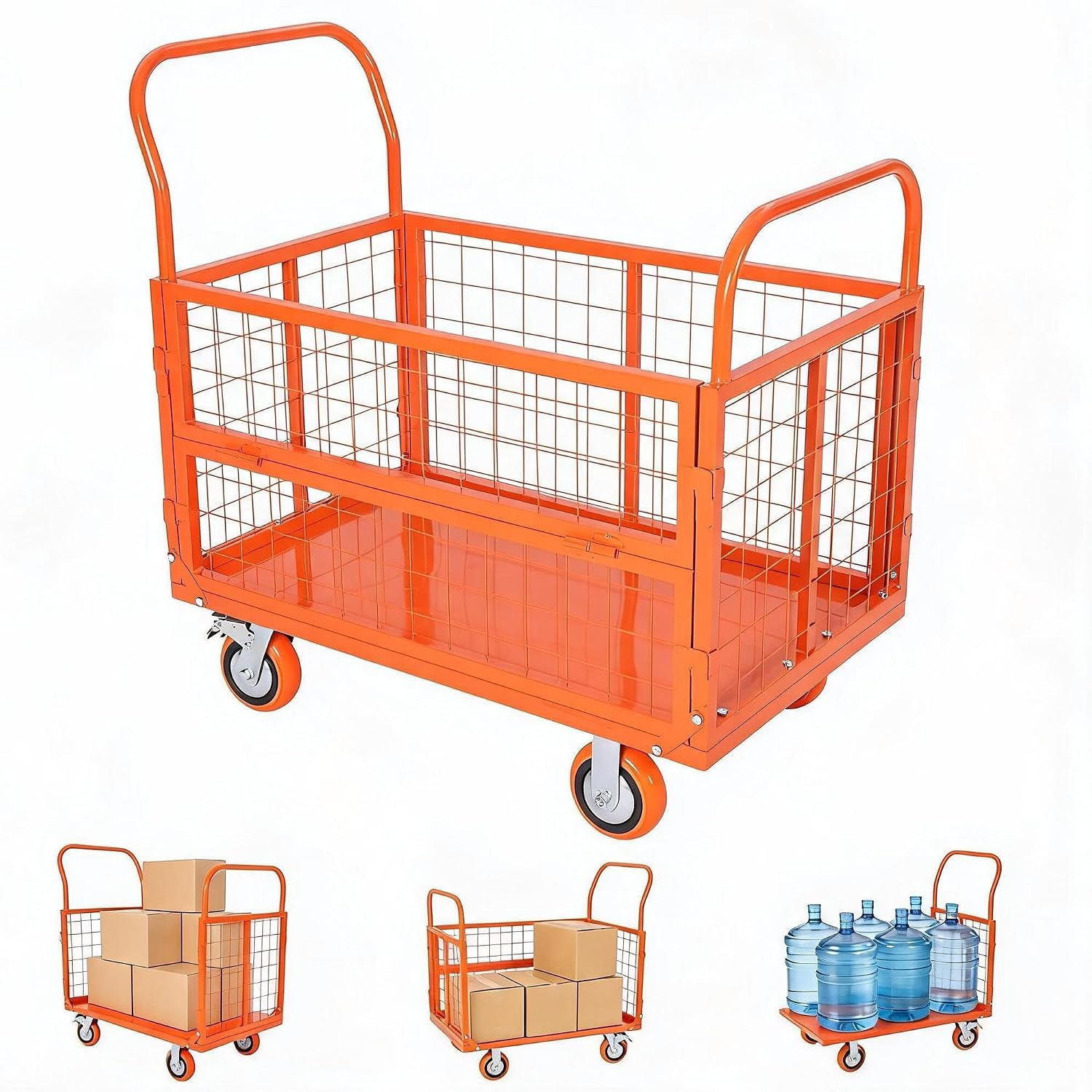 GAOMON Q235 Steel Wire Mesh Cage Utility Cart 40x24 Inch 1800 Lbs Max Load Heavy Duty Warehouse Transport Dolly- Orange Finish