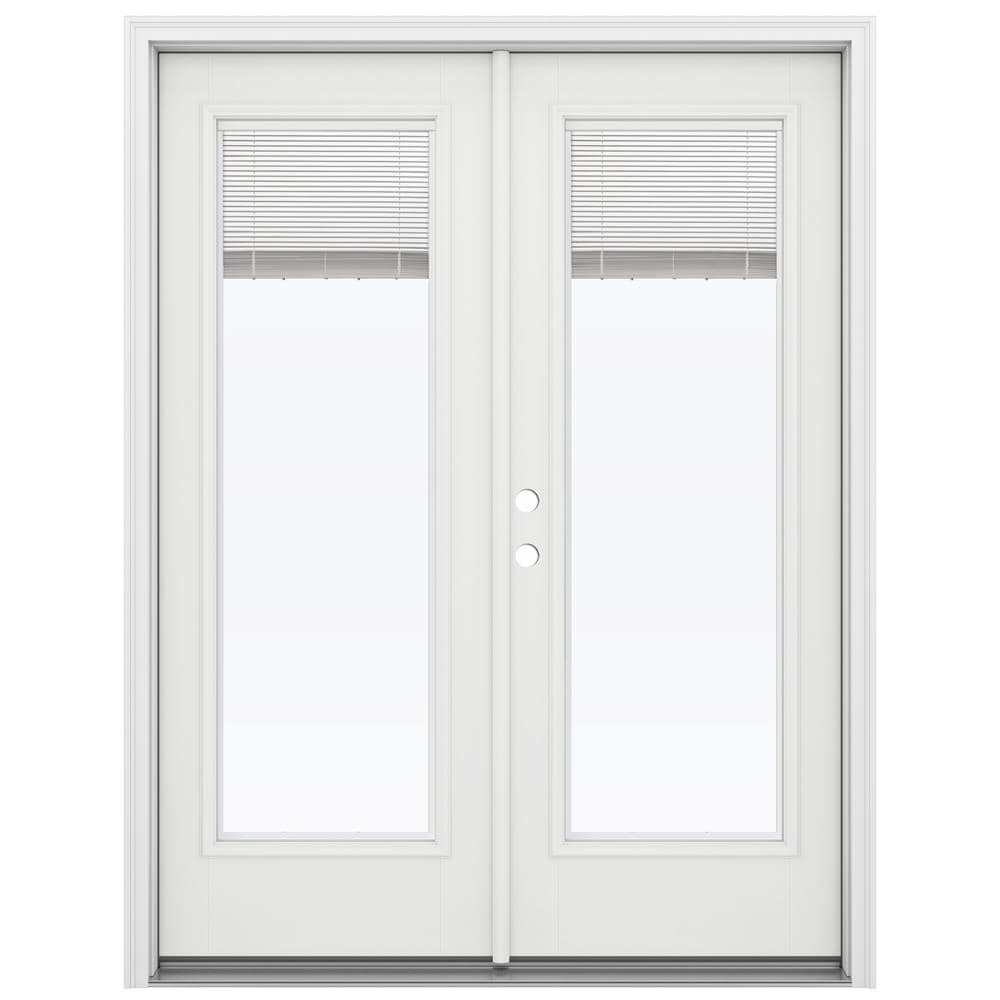 JELD-WEN LOWOLJW182200135 F-3500 60-in x 80-in x 4-9/16-in Jamb Low-E Blinds between the glass , White Fiberglass Right-hand inswing French Double Patio Door Brickmould Included