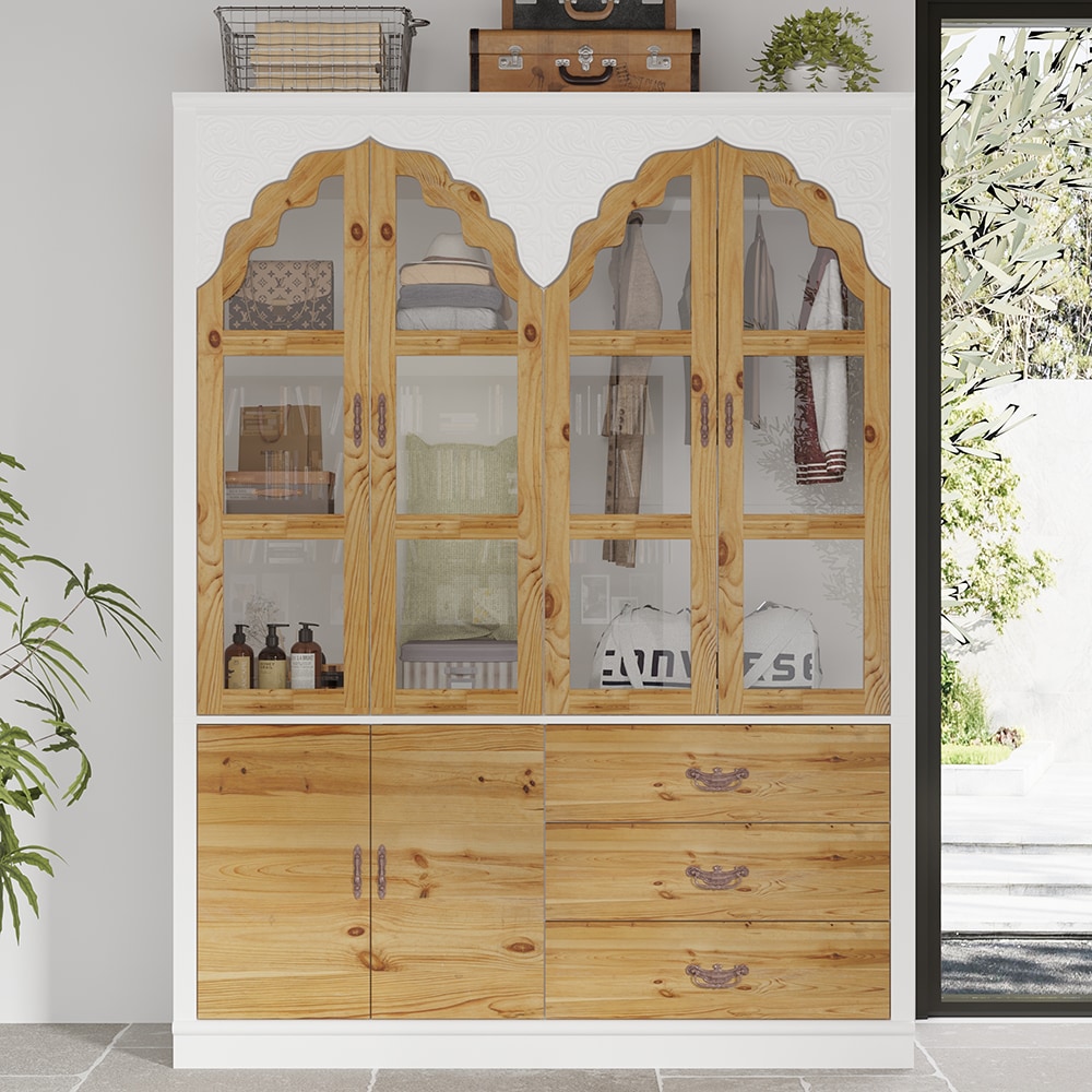 Homsee V-KF390064-01+02 Victorian Style Wooden Armoire Wardrobe with Painted Surface 4 Glass Doors Hanging Rod and 3 Drawers 57.5''L x 20.3''W x 75.7''H White and Brown Finish