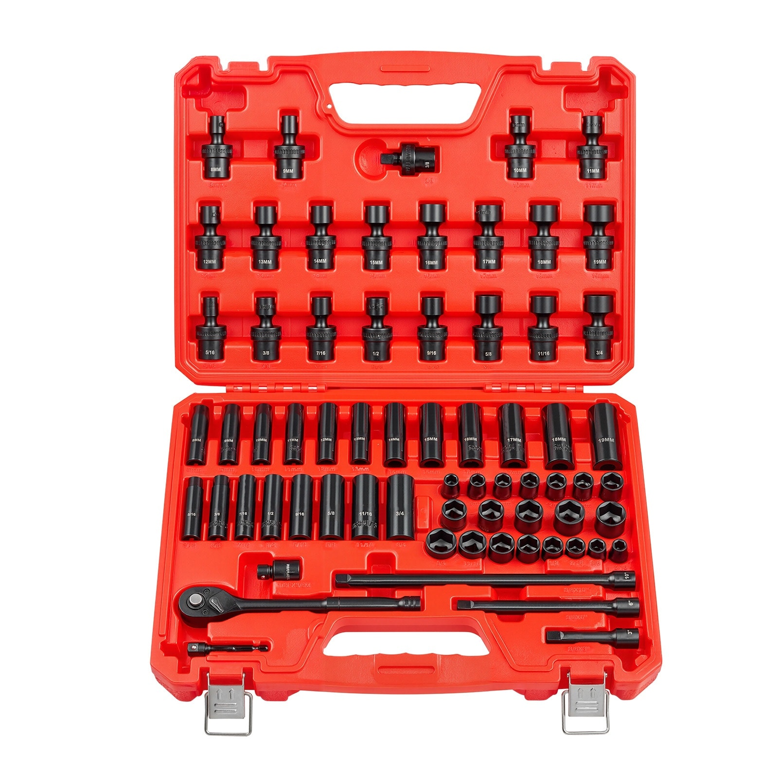 Mecale 3/8 in Drive 67-Piece Impact Socket Set 6-Point Deep Shallow Swivel SAE Metric Sockets Case
